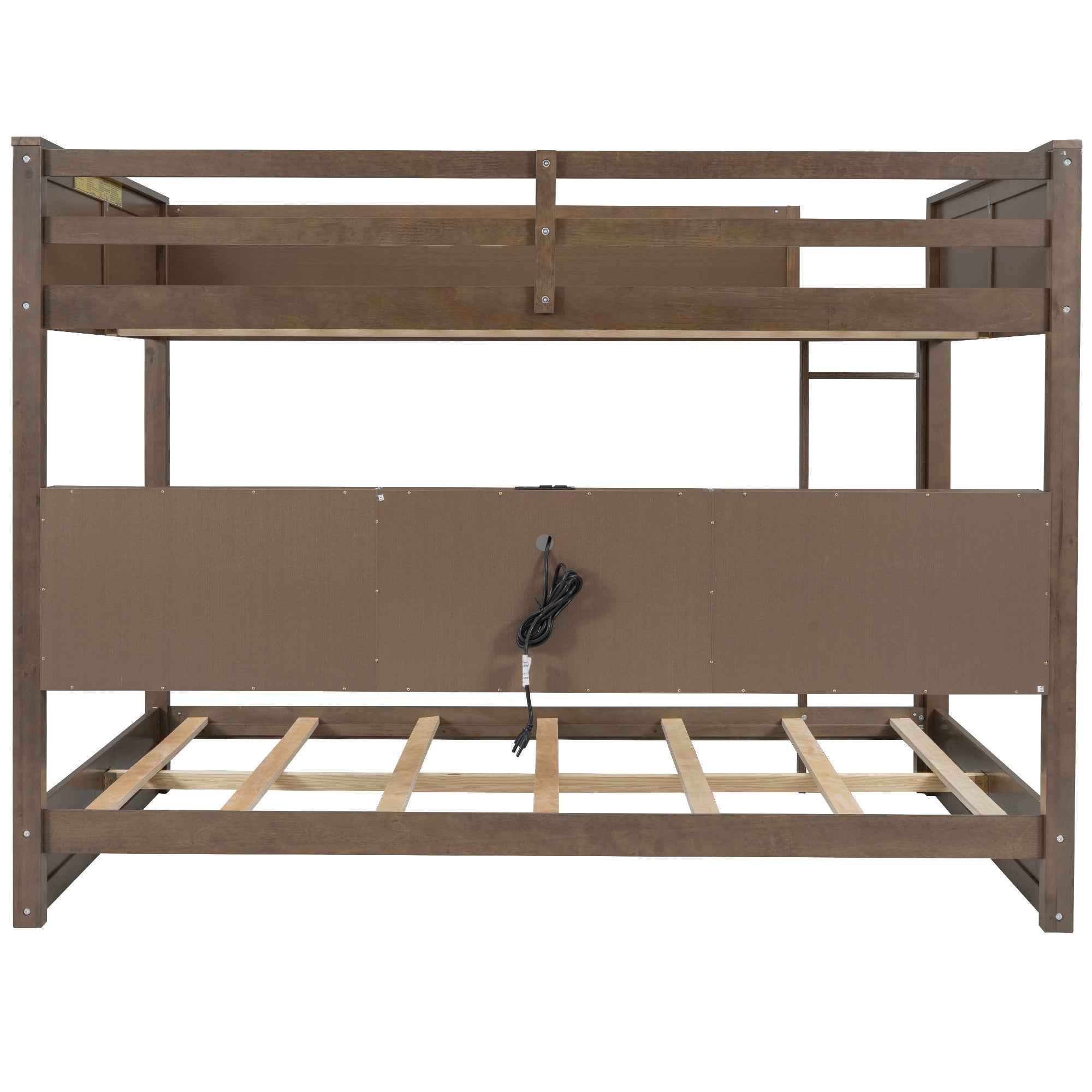 Queen over Queen Bunk Bed with Storage Cabinets and USB Ports in Antique Wood Color, Solid Pine Wood+MDF