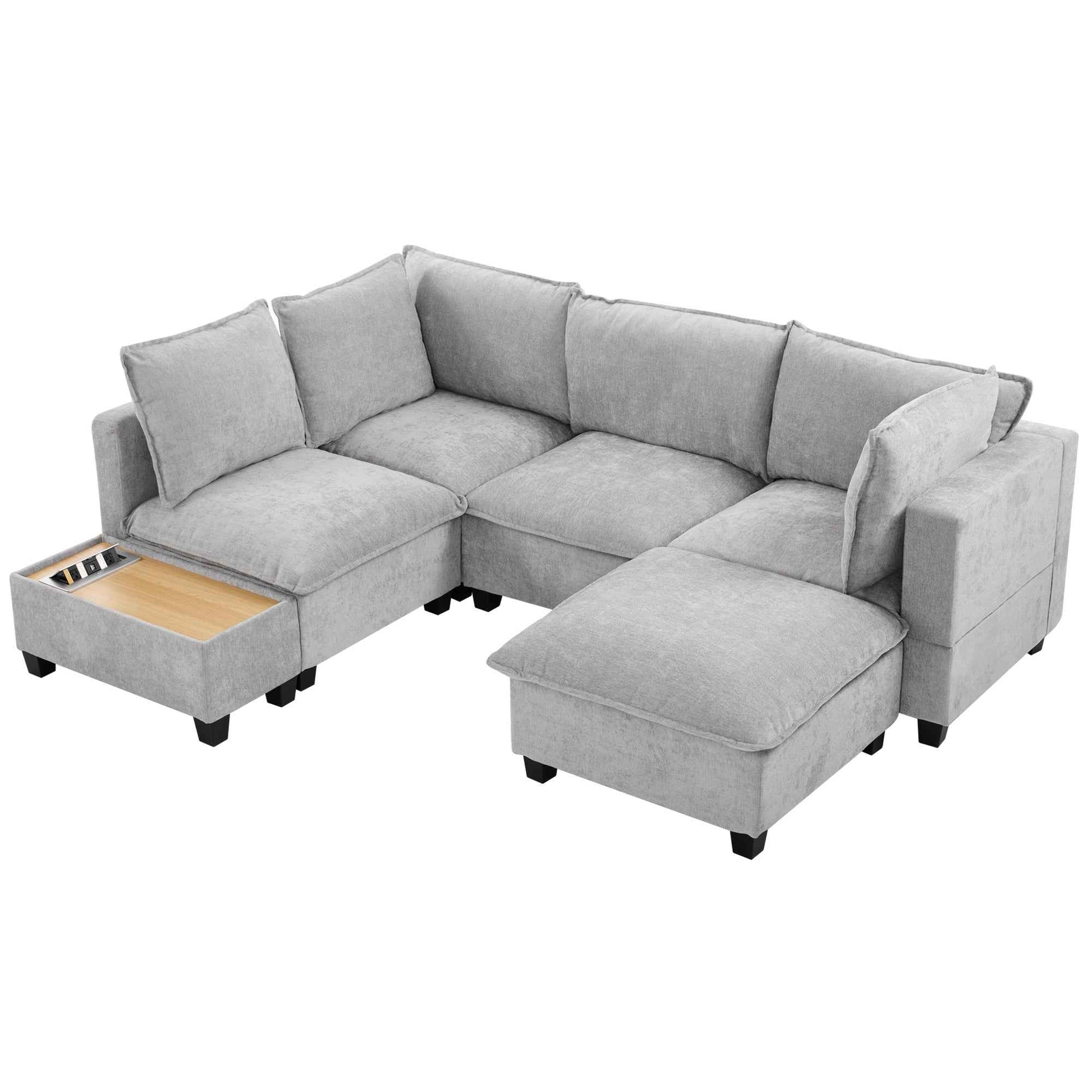 Modular 90' U-shaped Sectional Sofa with Movable Ottoman and Hidden Charging Coffee Table, Grey, Chenille