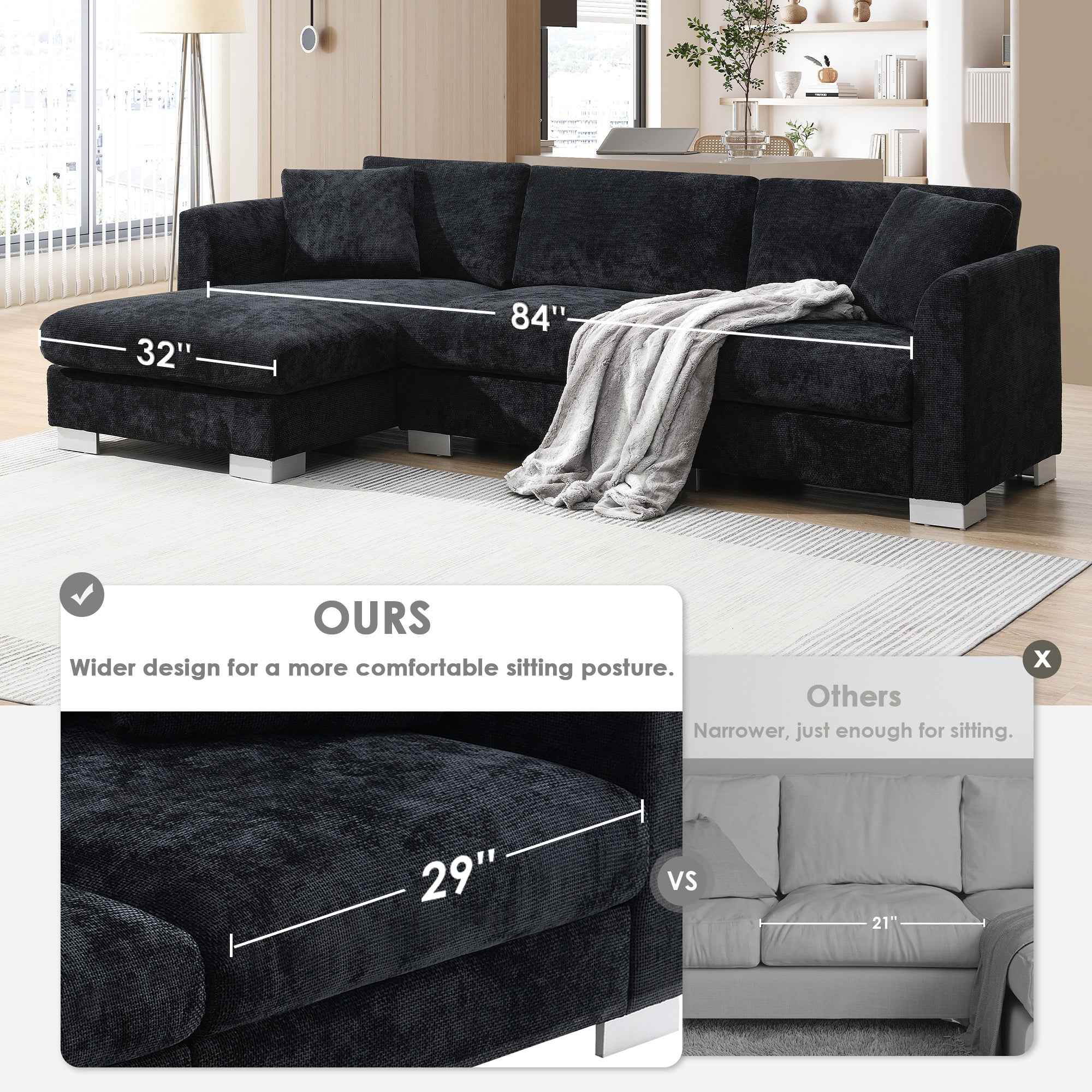 Modern Cloud L-Shaped Sectional Sofa with Chaise, Chenille Fabric, 3 Colors, 96*56 inches
