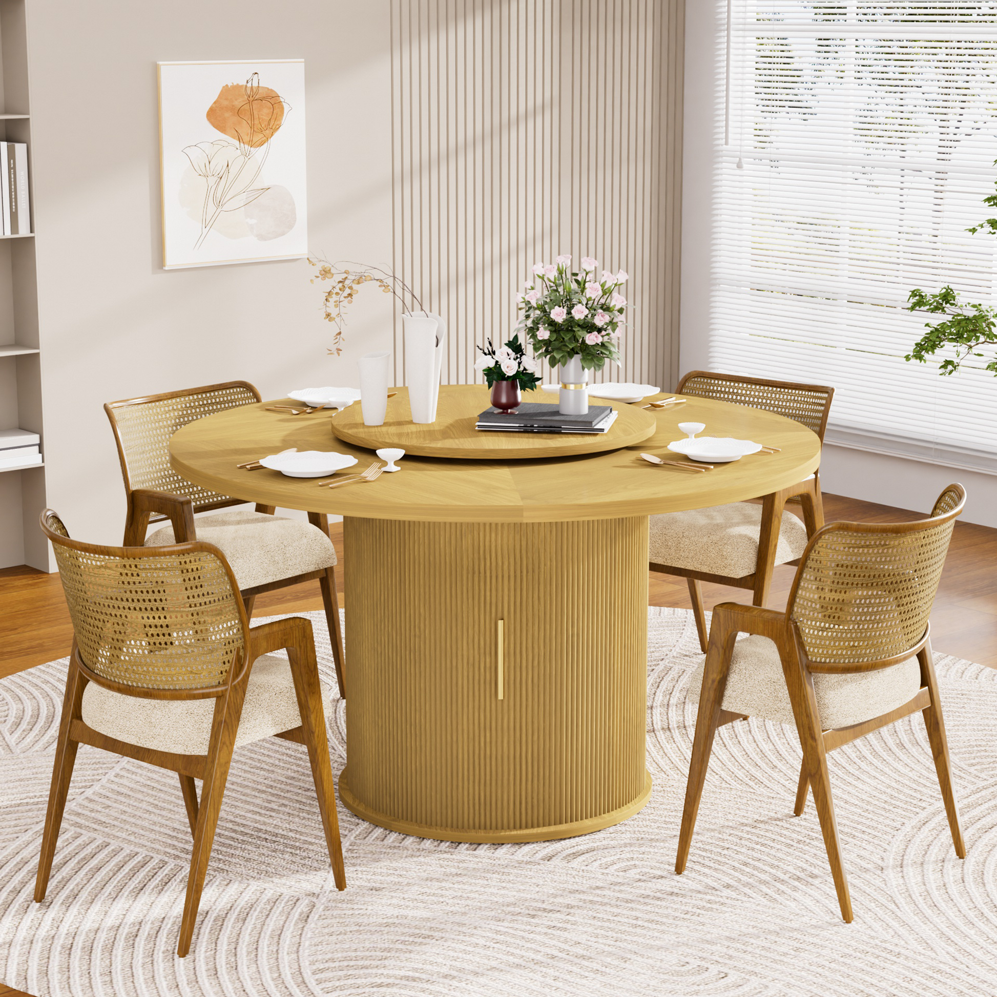 55-inch round dining table for six, featuring a double-tiered storage rack and a rotating tabletop tray. Wooden wavy-striped sliding doors. Ideal for home dining room living room (Natural).