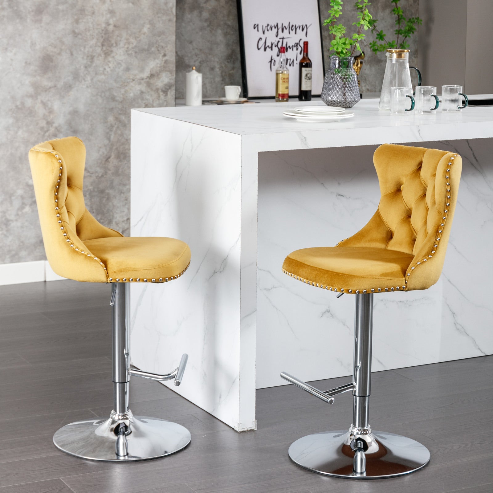 A&A Furniture,Swivel Velvet Barstools Adjusatble Seat Height from 25-33 Inch, Modern Upholstered Chrome base Bar Stools with Backs Comfortable Tufted for Home Pub and Kitchen Island（Gold,Set of 2）