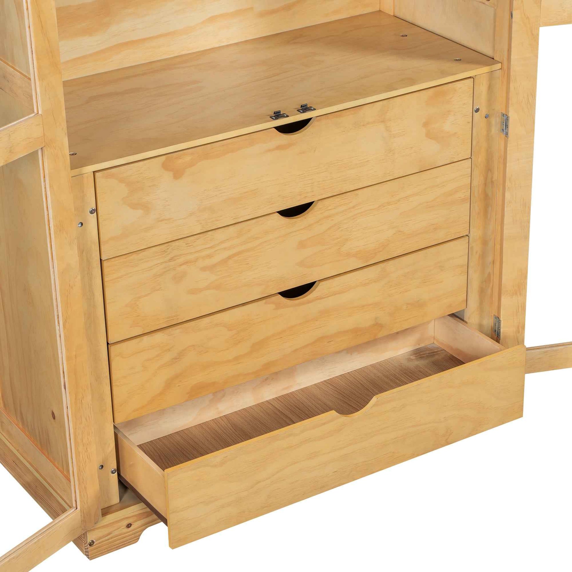 TOPMAX 44.7x20x75inch Kitchen Pantry, Freestanding Kitchen Storage Cabinet Display Cabinet with Glass Doors and 4 Built-in Drawers for Living Room, Home Office, Natural