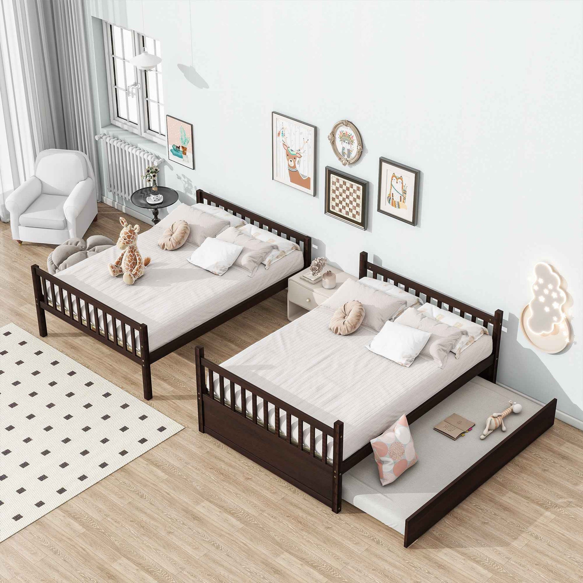 Full Over Full Rubber Wood Bunk Bed with Trundle, Ladder and Guardrails, Convertible to 2 Full Size Beds, with Twin Size Trundle ,Espresso