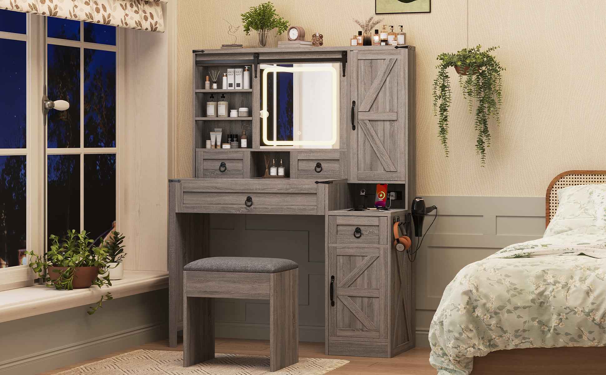 Farmhouse Vanity Desk with Sliding Mirror and Lights, Vanity Set with Glass Top and Charging Station ,Dressing Table with 4 Drawers and 2 Cabinets, Dressing Table with Stool for Bedroom, Gray