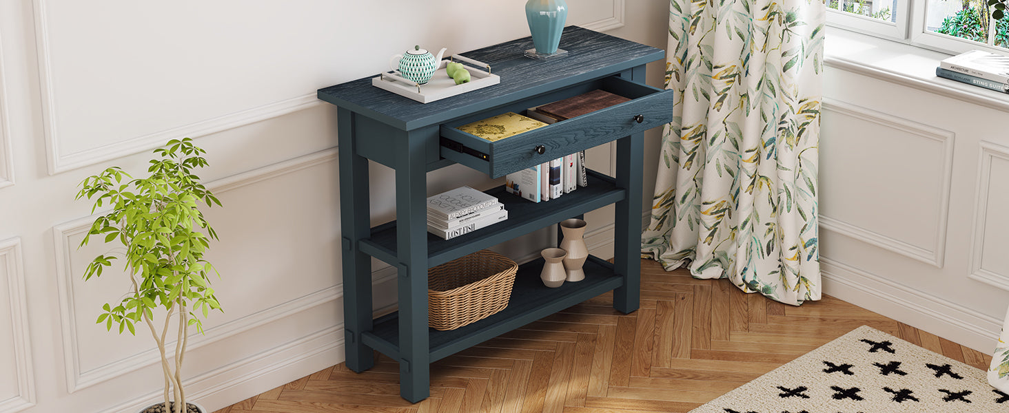 TREXM Retro Console Table with Drawer and Two Sturdy Shelves for Entryway, Living Room (Navy)