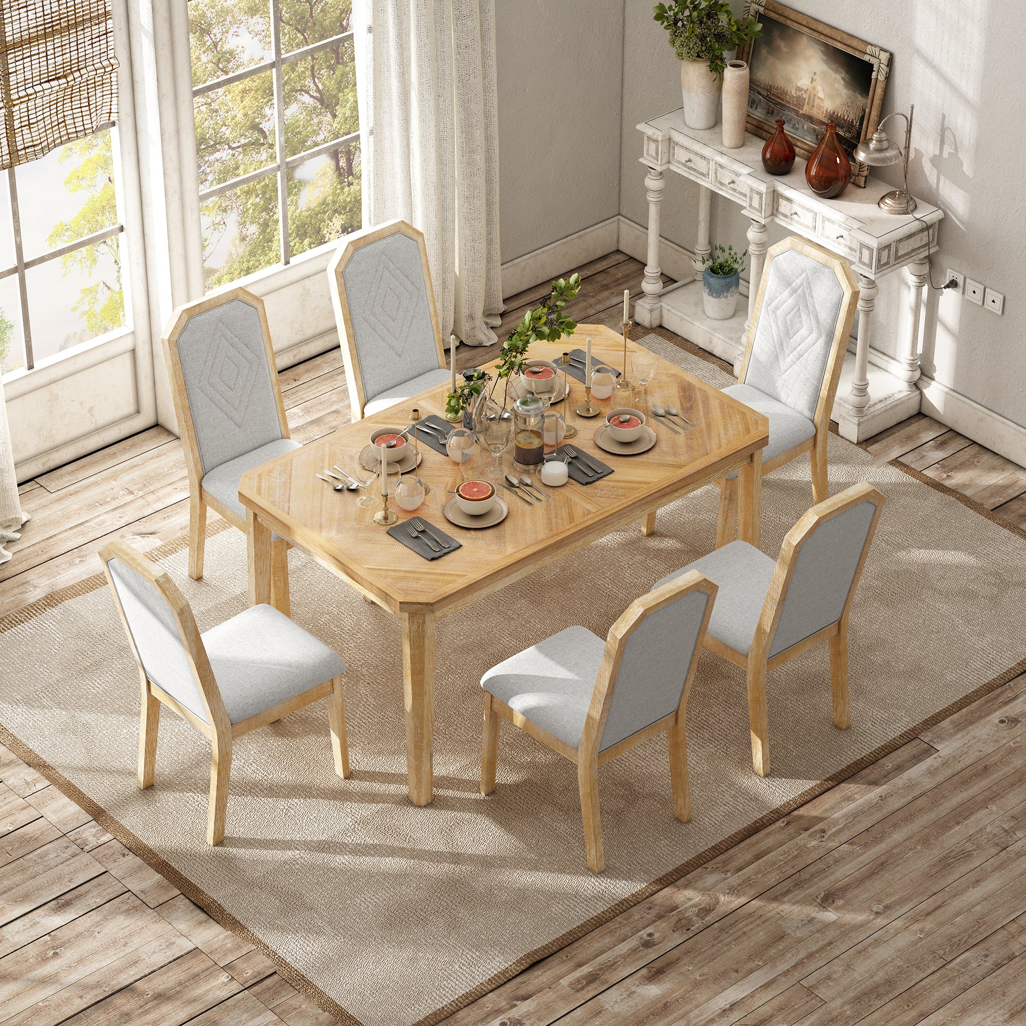 TREXM 7-Piece Farmhouse Dining Set Classic Rustic Table and 6 high-back design Chairs for Dining Room, Kitchen (Natural Wood Wash)