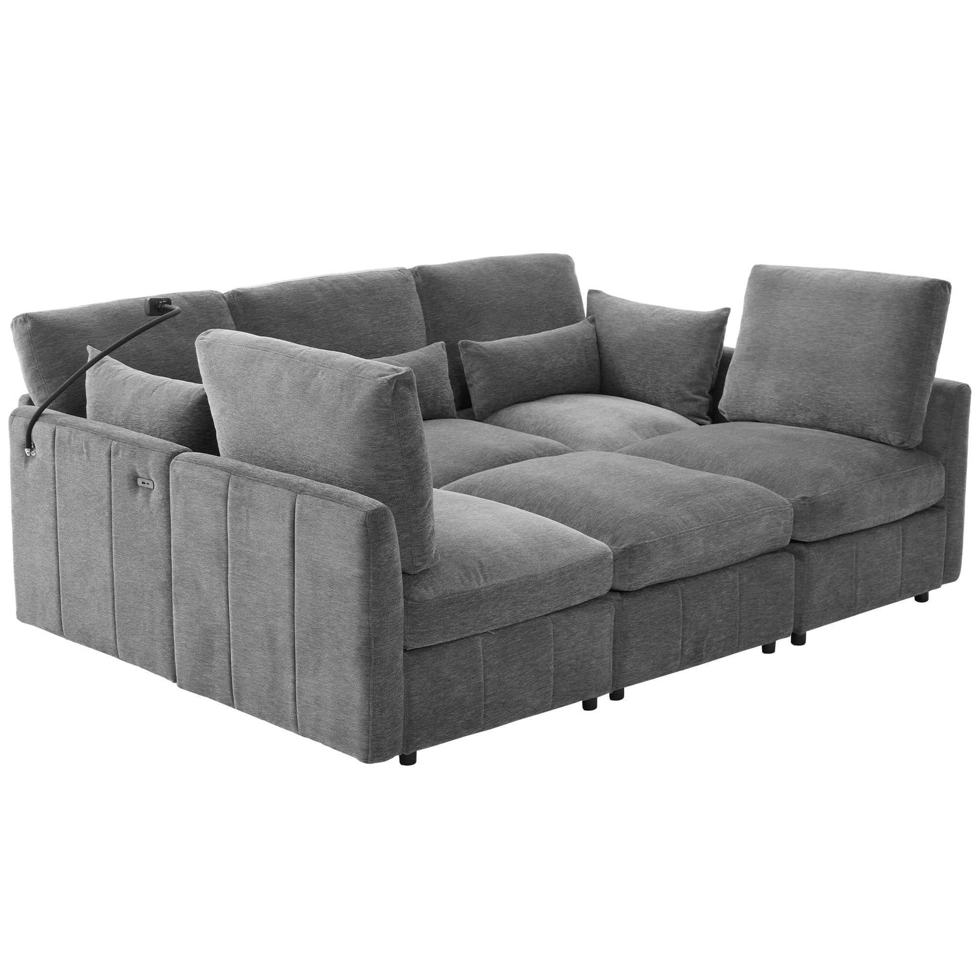 Modern Sectional Sofa Modular Sofa with Movable Ottoman, USB Ports & Phone Holder, Grey Chenille, 85.4'