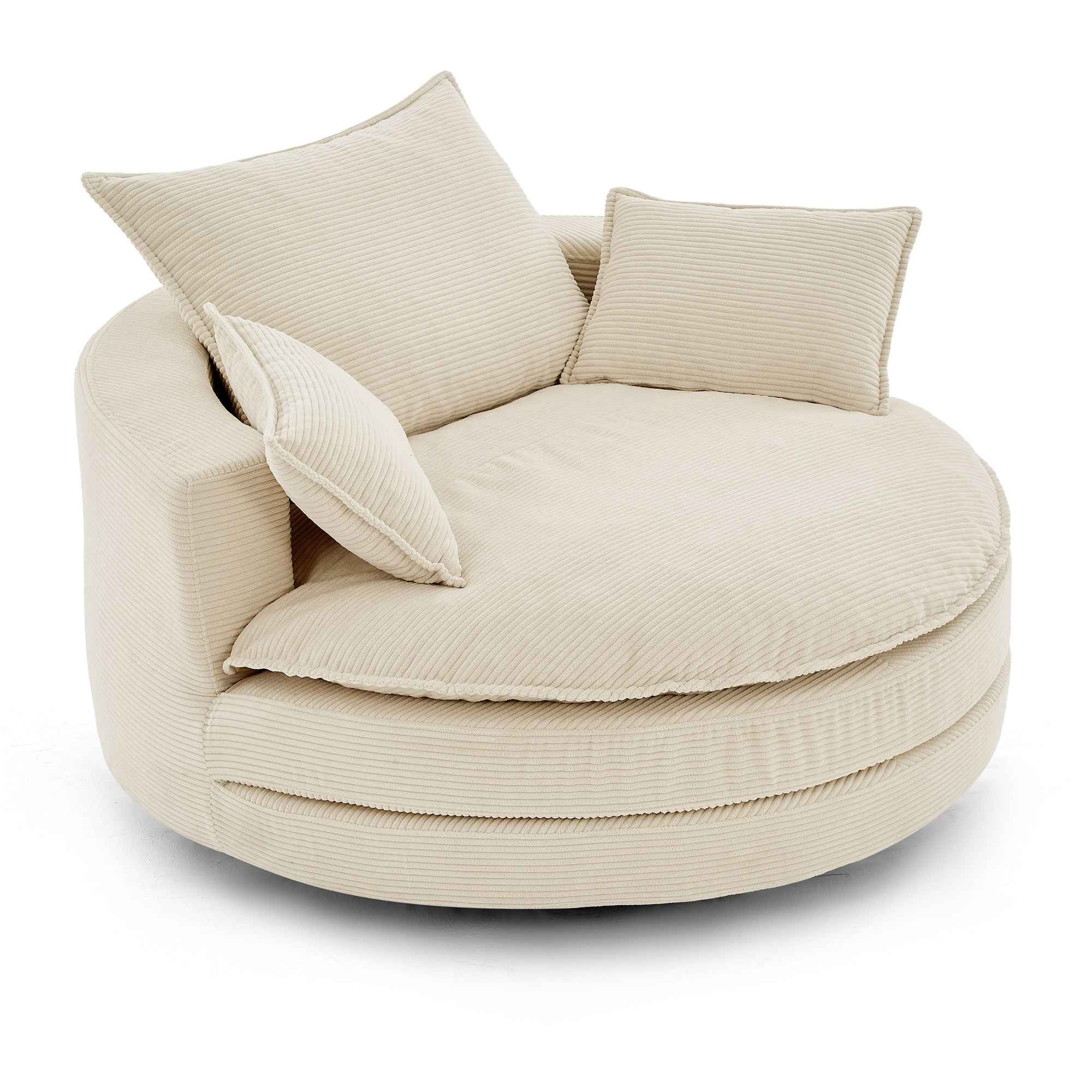 Accent Barrel Chair 360° Swivel Sofa Chair with Dual-layer Cushion and 3 Removable Pillows, Beige Corduroy, 57.5'