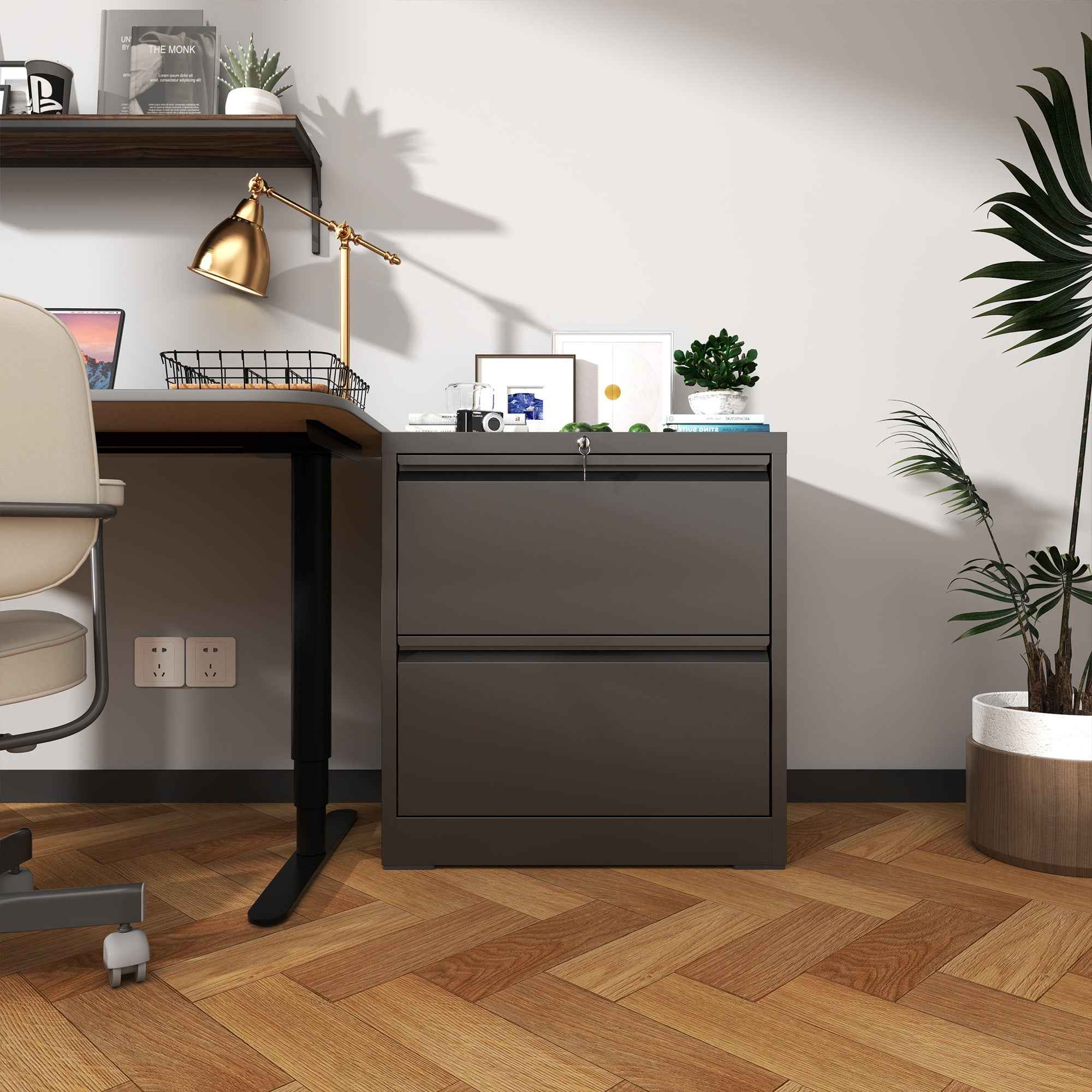 Premium 2 Drawer Metal Lateral File Cabinet with Lock, Black Steel Wide Horizontal Filing Cabinets for Home Office