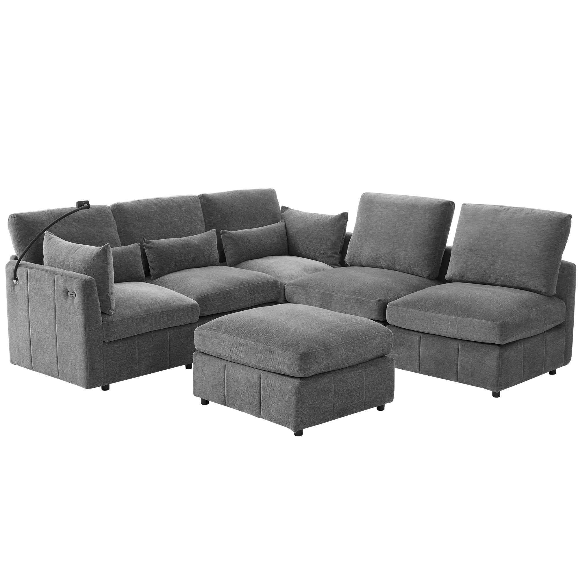 Modern Sectional Sofa Modular Sofa with Movable Ottoman, USB Ports & Phone Holder, Grey Chenille, 85.4'