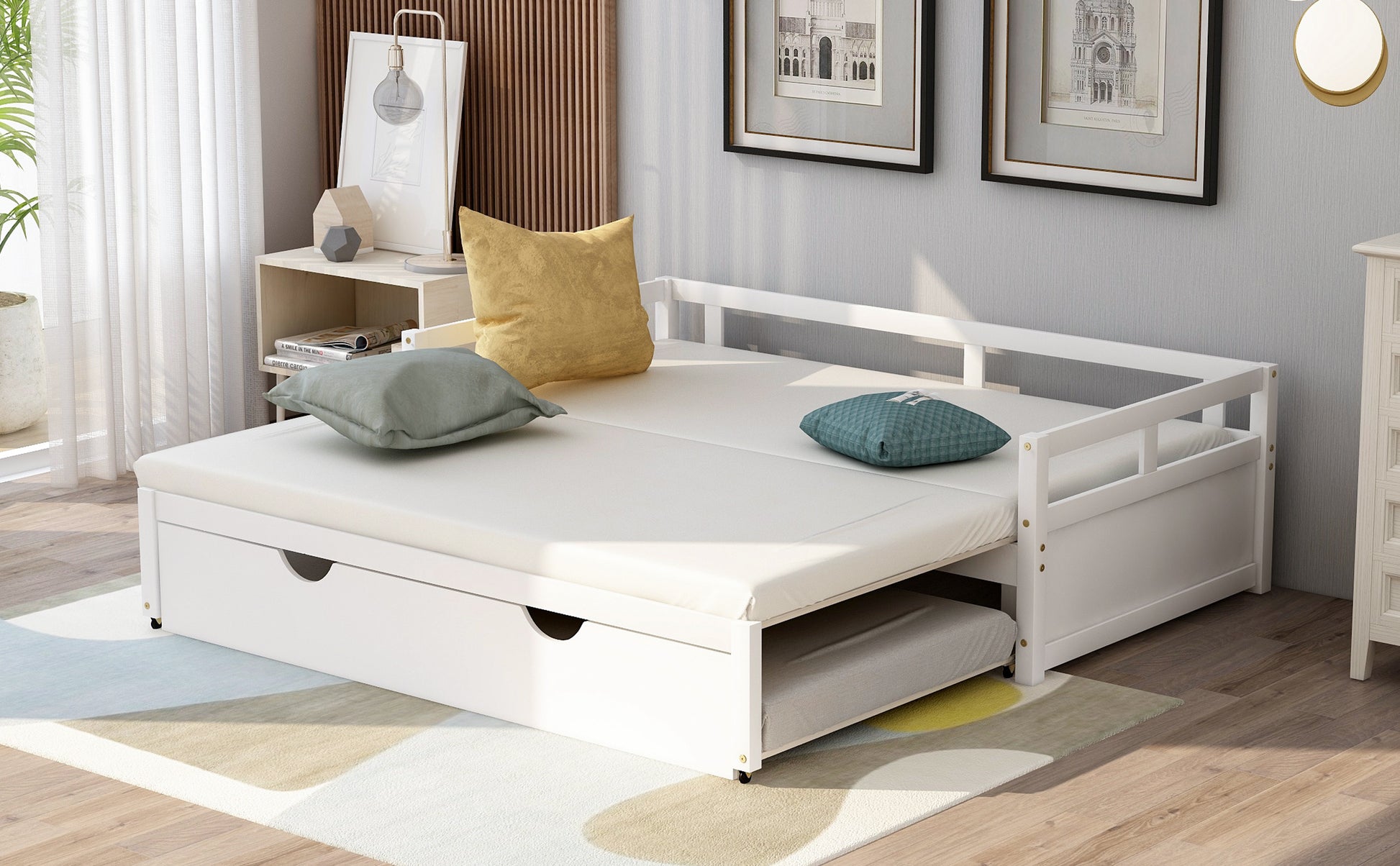 Extending Daybed with Trundle, Wooden Daybed with Trundle, White - Abrihome