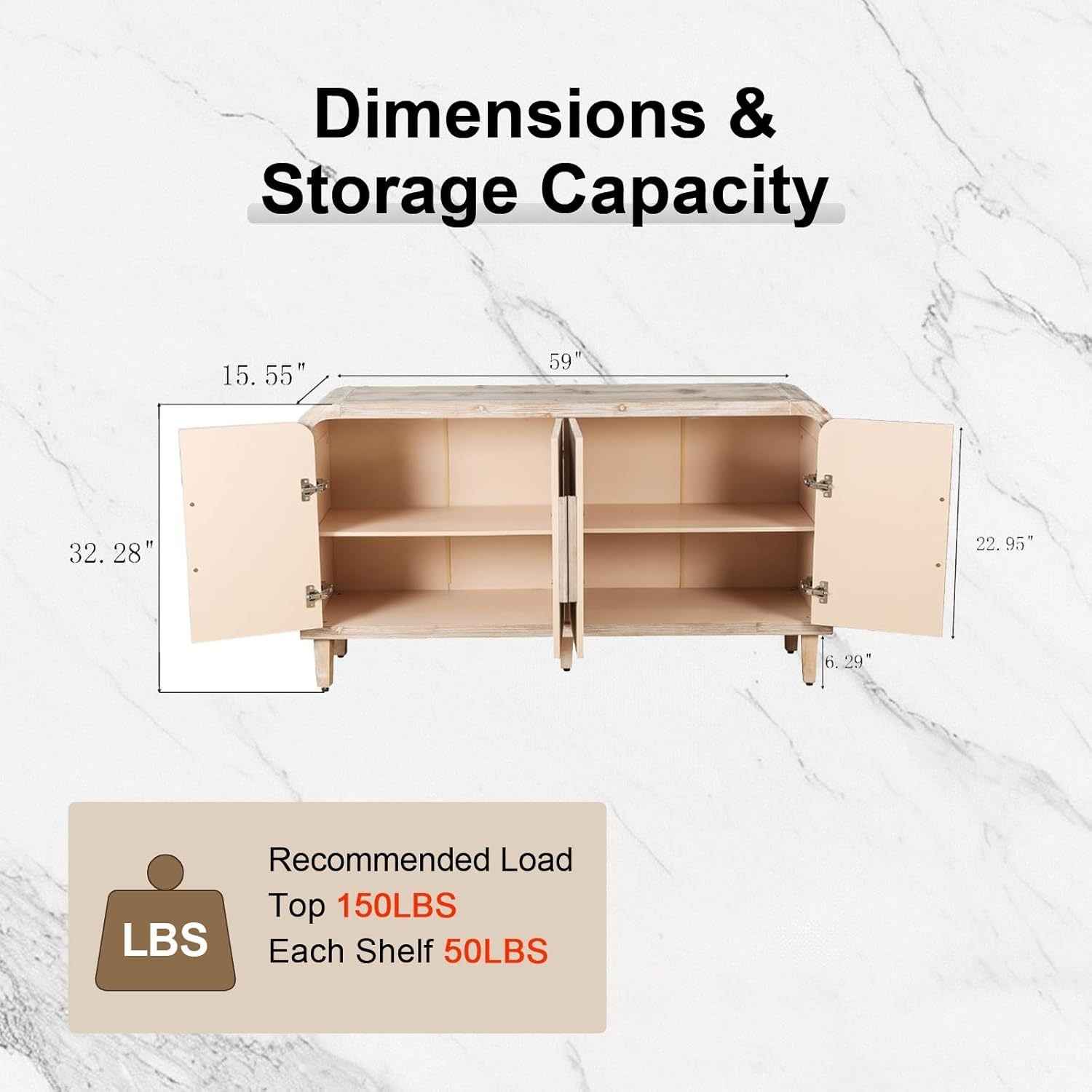 59'' Farmhouse Curved Vintage Storage Sideboard with Large Wooden Handles, Vertical Wood Grain Carving and Adjustable Shelves for Kitchen,Dining Room (Natural Wood Washed)