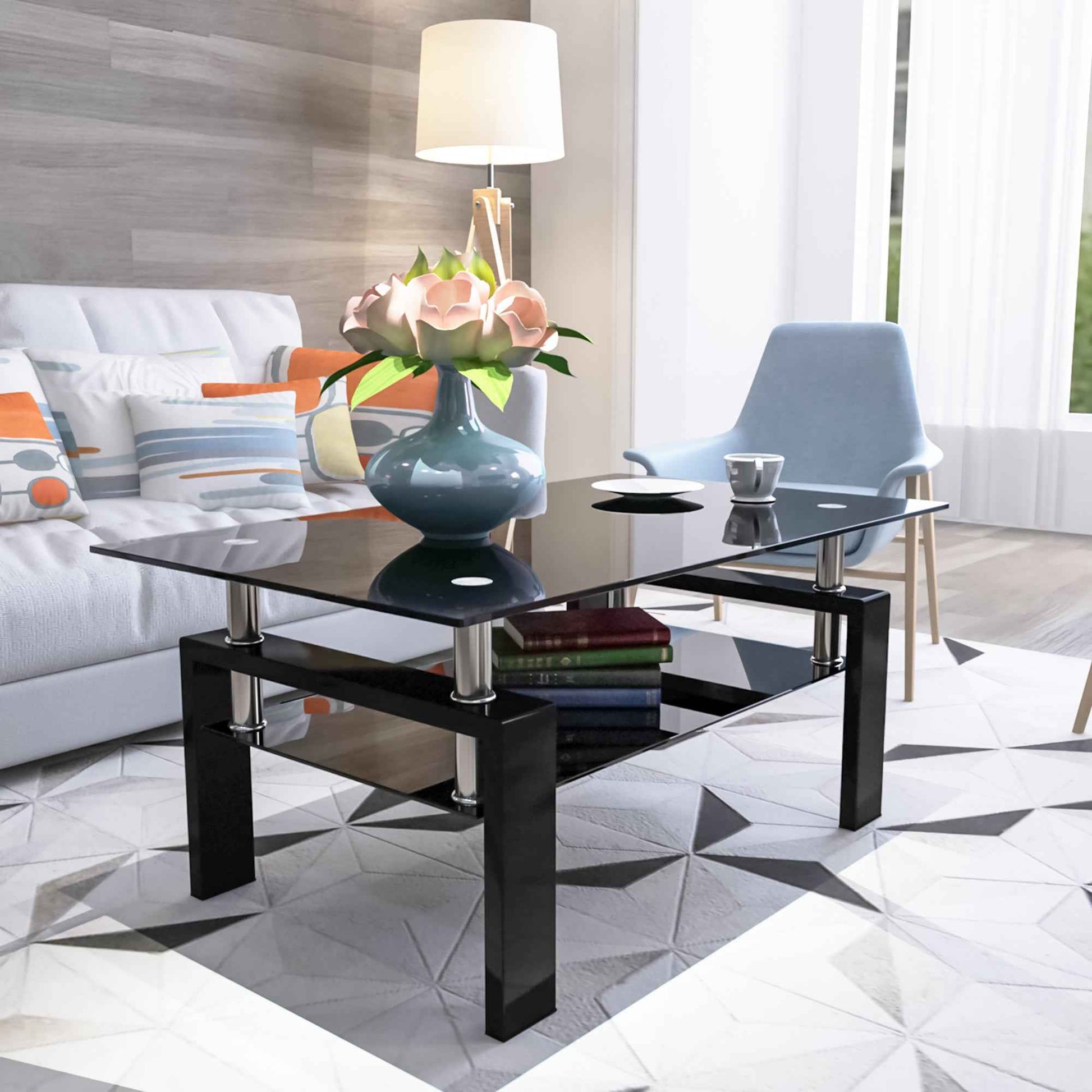 Rectangle Black Glass Coffee Table, Clear Coffee Table,Modern Side Center Tables for Living Room,Living Room Furniture (Old Sku:W24138125)