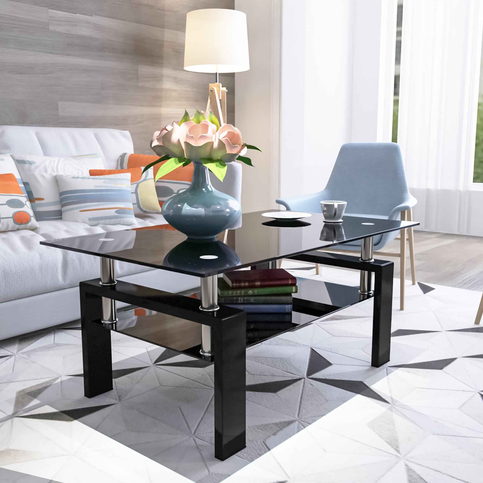 Rectangle Black Glass Coffee Table, Clear Coffee Table,Modern Side Center Tables for Living Room,Living Room Furniture (Old Sku:W24138125)