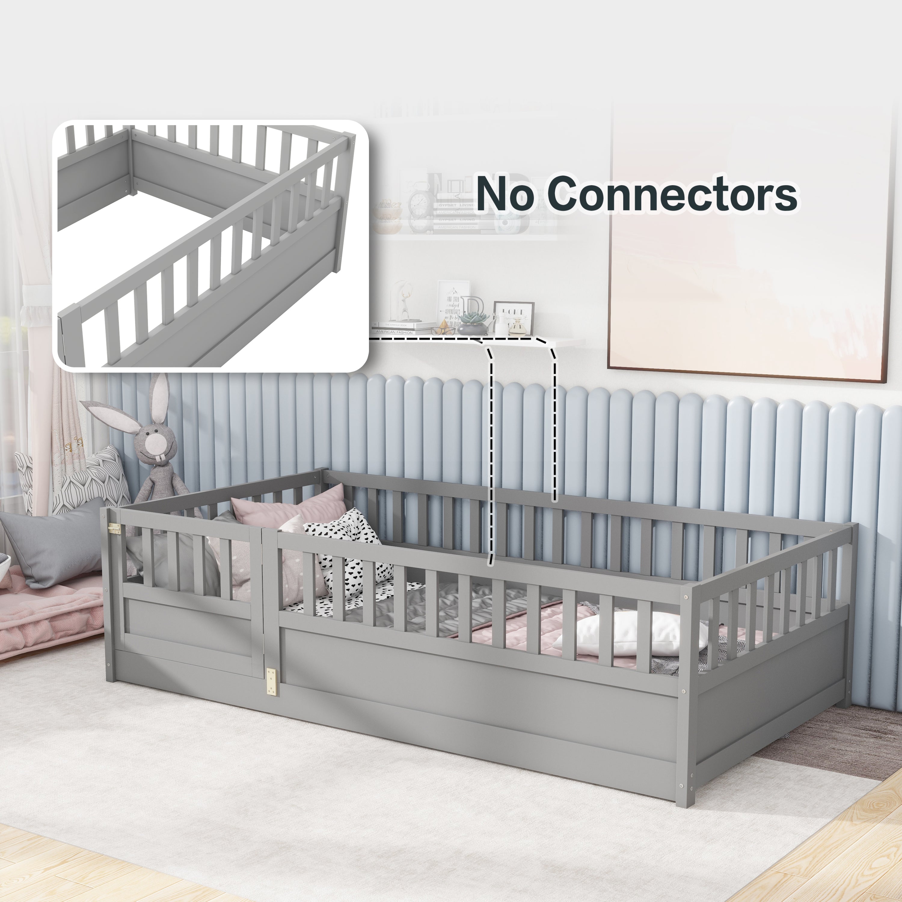 Twin Size Floor bed, integral construction with super high security barrier, door, children's floor bed frame, Montessori wooden children's floor bed,  Grey