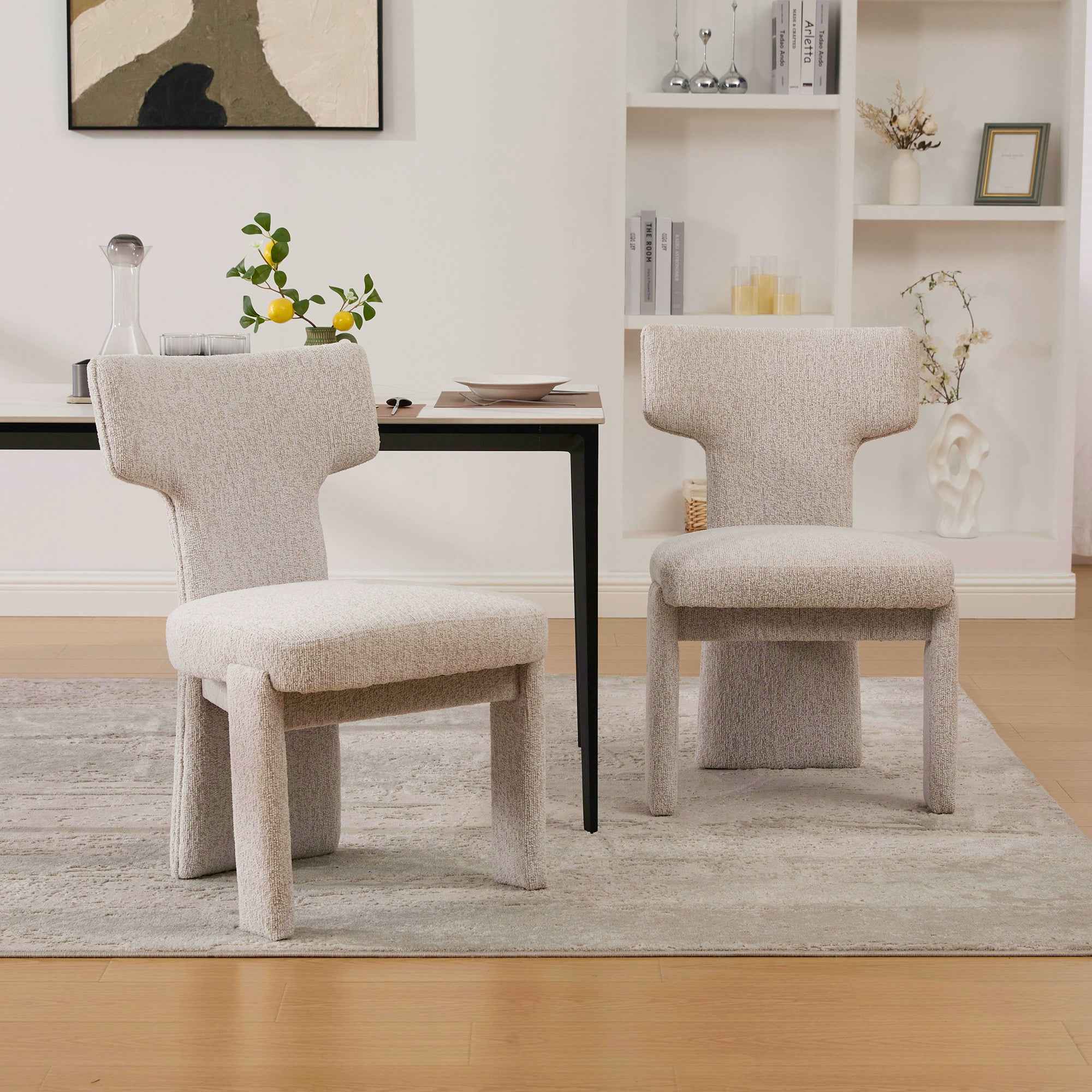 Modern Beige Chenille Dining Chair Set of 2 with Rubberwood Legs, Armless Curved Back Accent Chairs for Living Room Bedroom Restaurant Cafes Dining Room Reception, 22.05' Wide