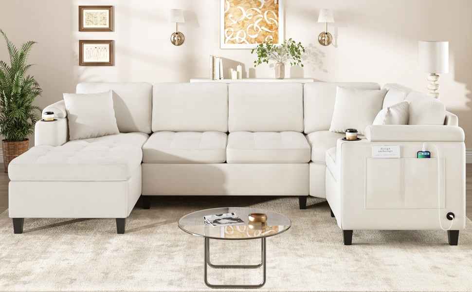 Modern U-shaped Sectional Sofa 115.7' with Built-in Cup Holders, Storage, USB Ports in Beige Chenille Fabric