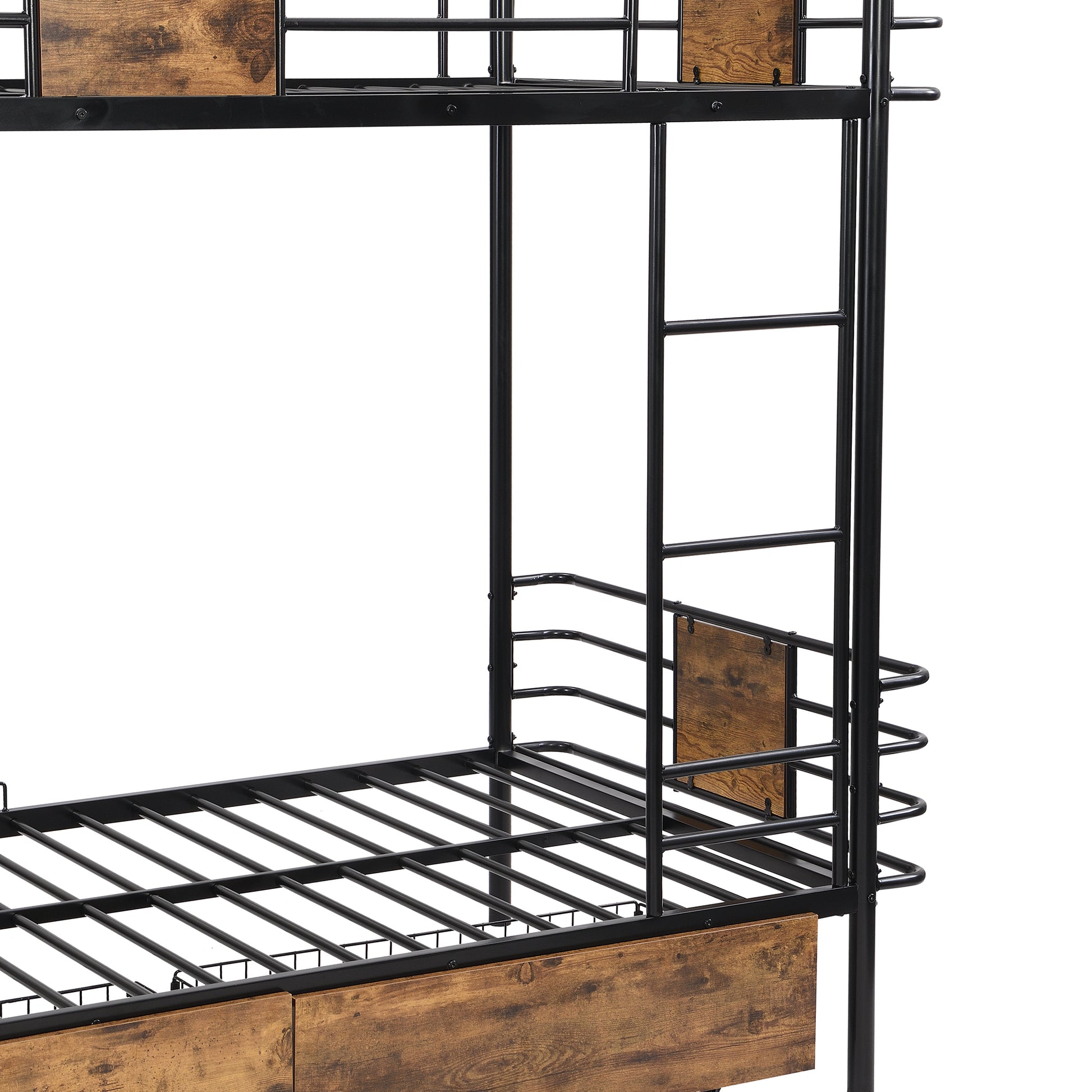 Twin XL over Twin XL Metal Bunk Bed with MDF Board Guardrail and Two Storage Drawers,Black - Abrihome