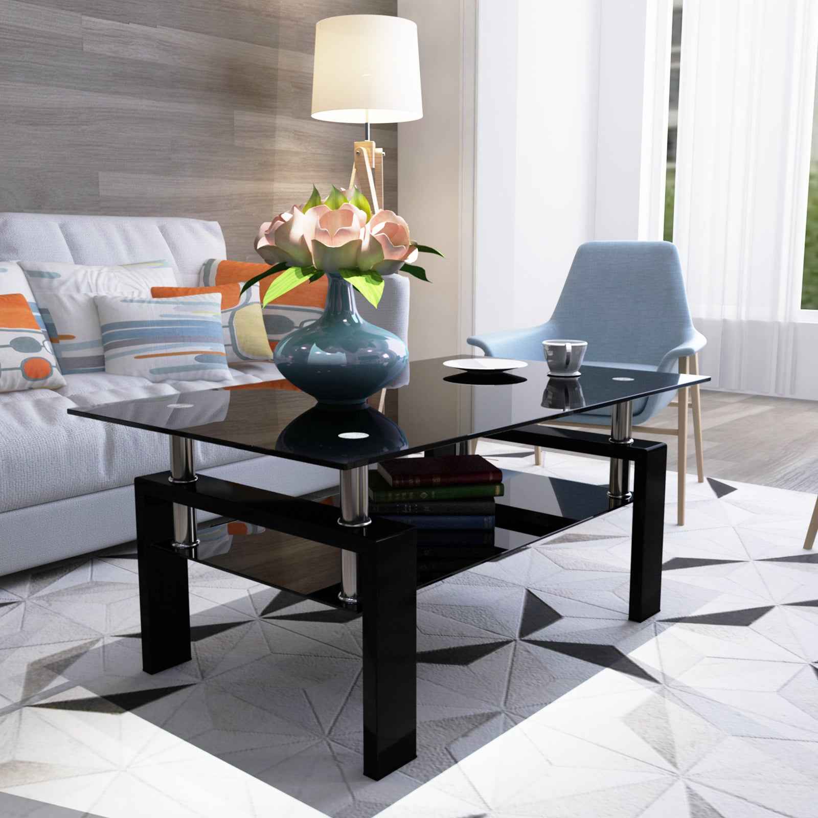 Rectangle Black Glass Coffee Table, Clear Coffee Table,Modern Side Center Tables for Living Room,Living Room Furniture (Old Sku:W24138125)