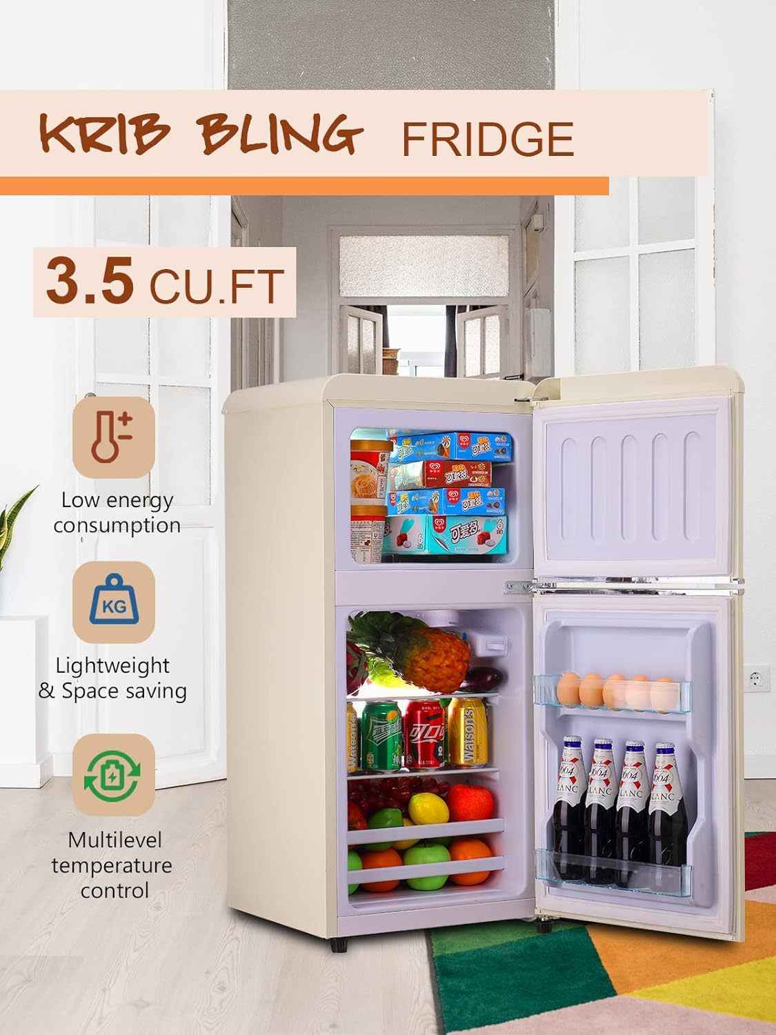 3.5Cu.Ft Compact Refrigerator Mini Fridge with Freezer, Small Refrigerator with 2 Door, 7 Level Thermostat Removable Shelves for Kitchen, Dorm, Apartment, Bar, Office, Cream