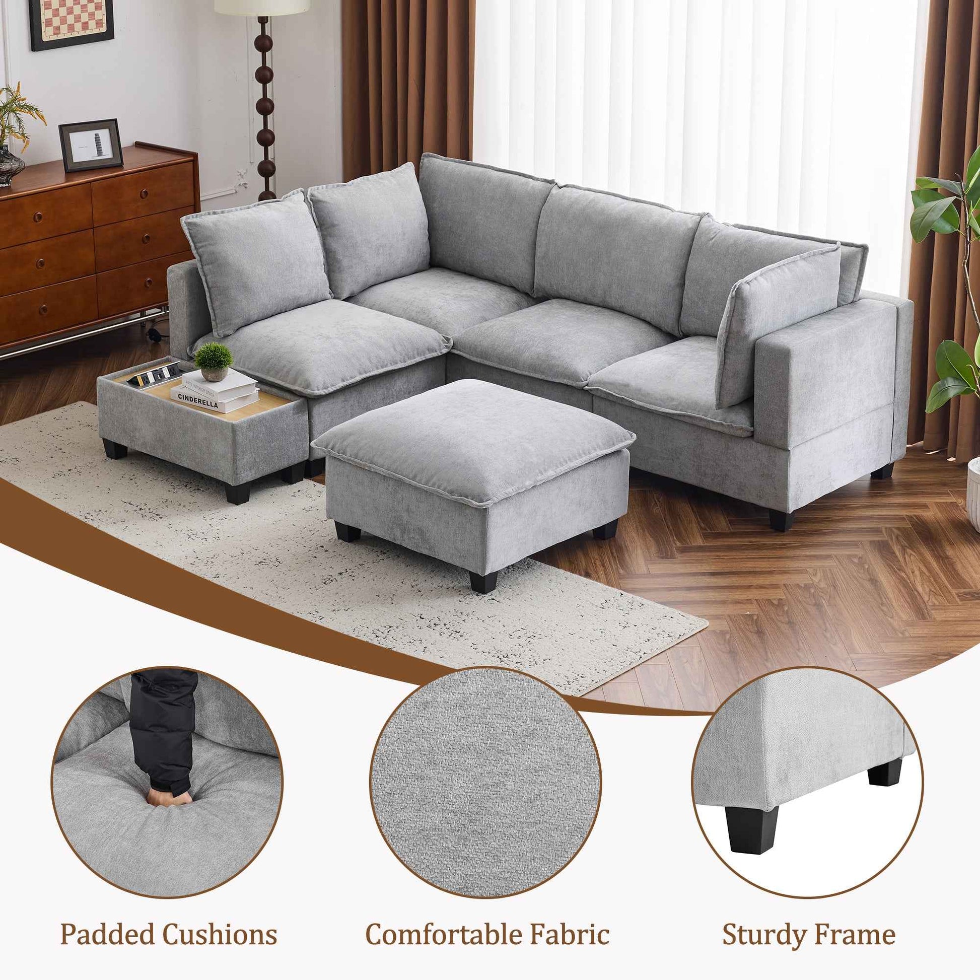 Modular 90' U-shaped Sectional Sofa with Movable Ottoman and Hidden Charging Coffee Table, Grey, Chenille