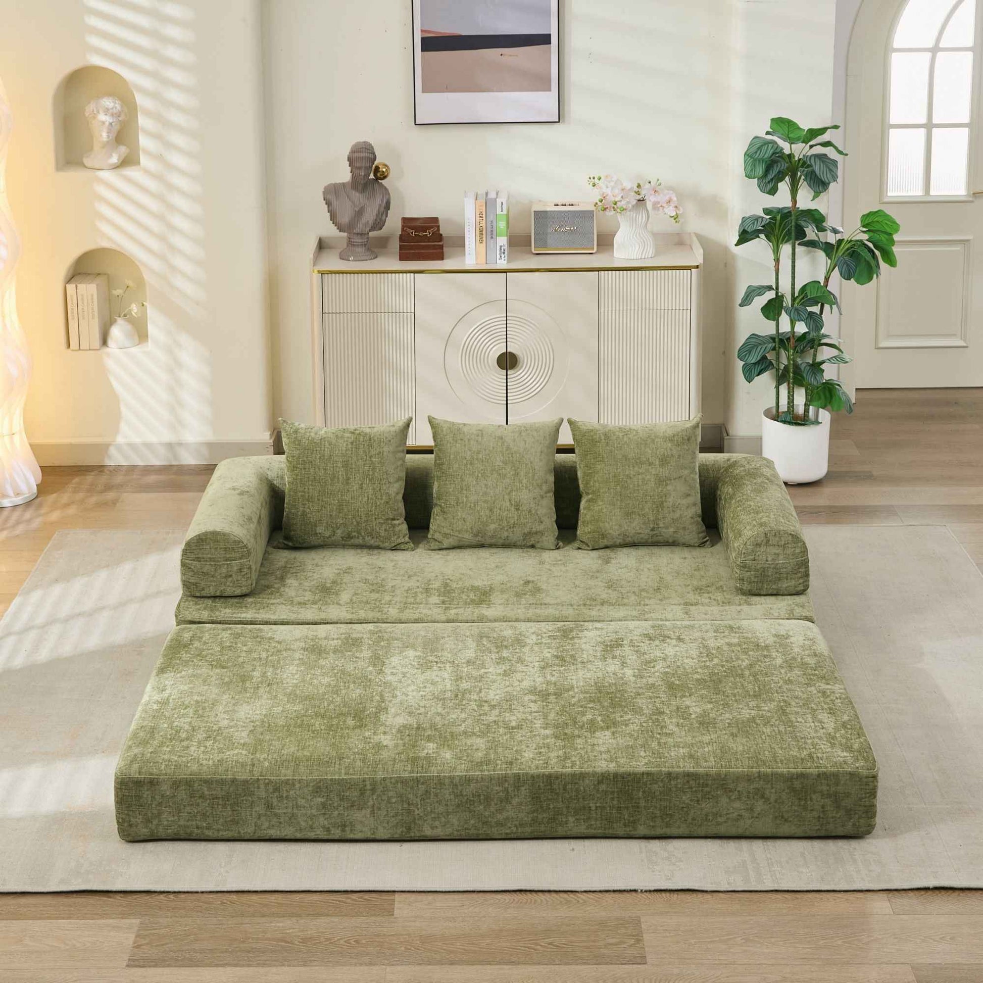 Comfy Convertible Folding Mattress Couch, Floor Sofa Bed, Chenille Floor Sofa with Armrest, Floor Sofa Lounge Couch for Living Room Bedroom Lounge Studio-Green