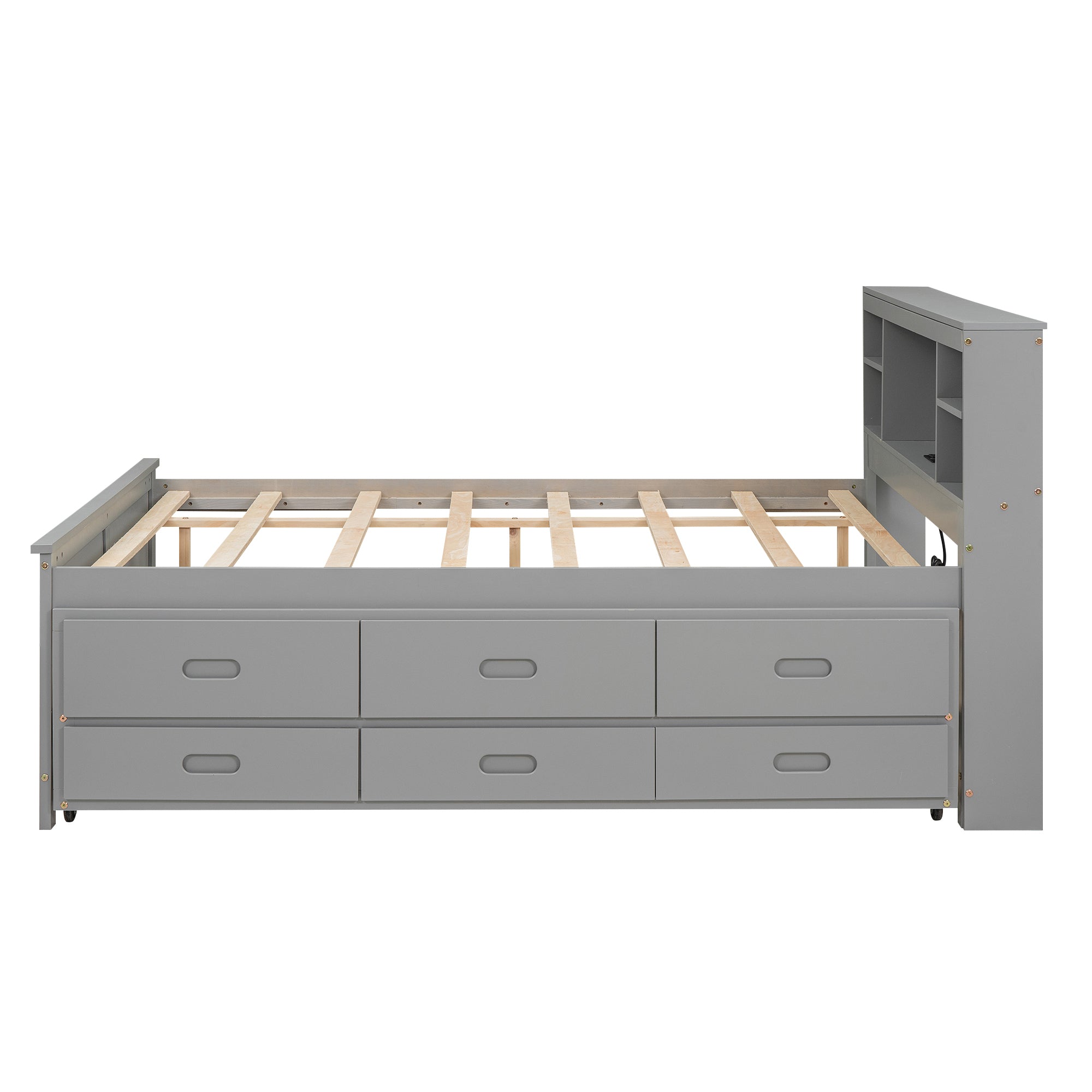 Full Size Platform Bed with Storage Headboard, USB, Twin Size Trundle and 3 Drawers, Gray