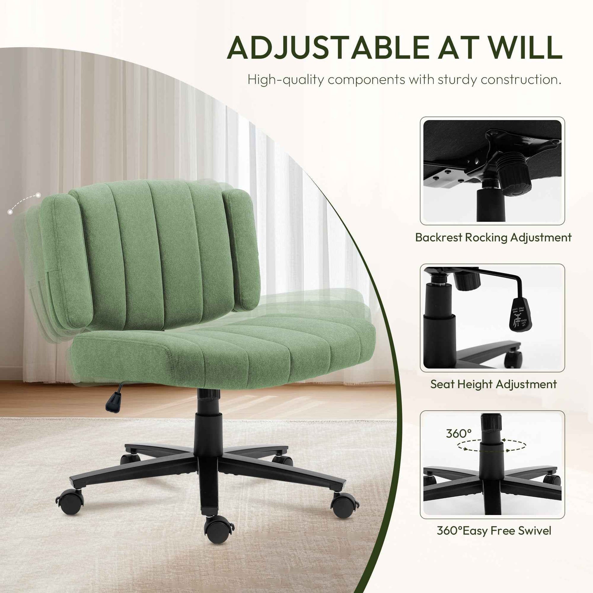 Home Office Chair, Fabric Criss Cross Swivel Desk Chair with Wheel, Adjustable Height Computer Chair for Study Work Gaming (Green)