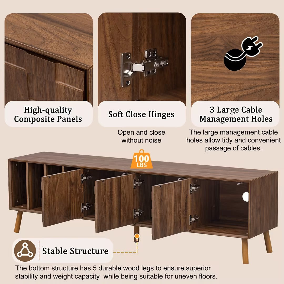 70' Mid-Century Modern TV Stand, Media Console Table for TVs up to 80'', Entertainment Center with 5 Solid Wood Legs for Living Room, Bedroom - Abrihome
