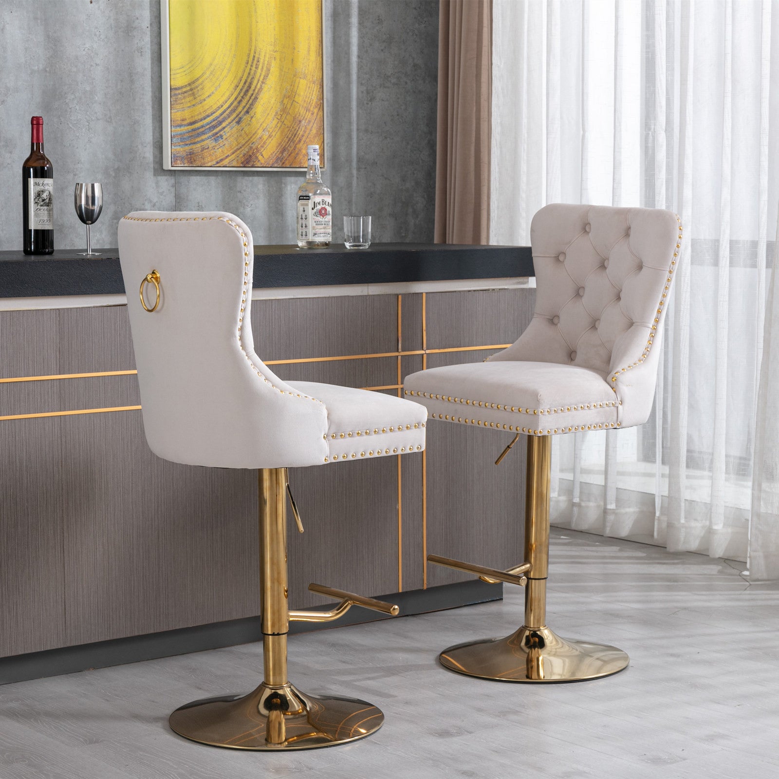 A&A Furniture,Thick Golden Swivel Velvet Barstools Adjusatble Seat Height from 27-35 Inch, Modern Upholstered Bar Stools with Backs Comfortable Tufted for Home Pub and Kitchen Island (Beige,Set of 2)