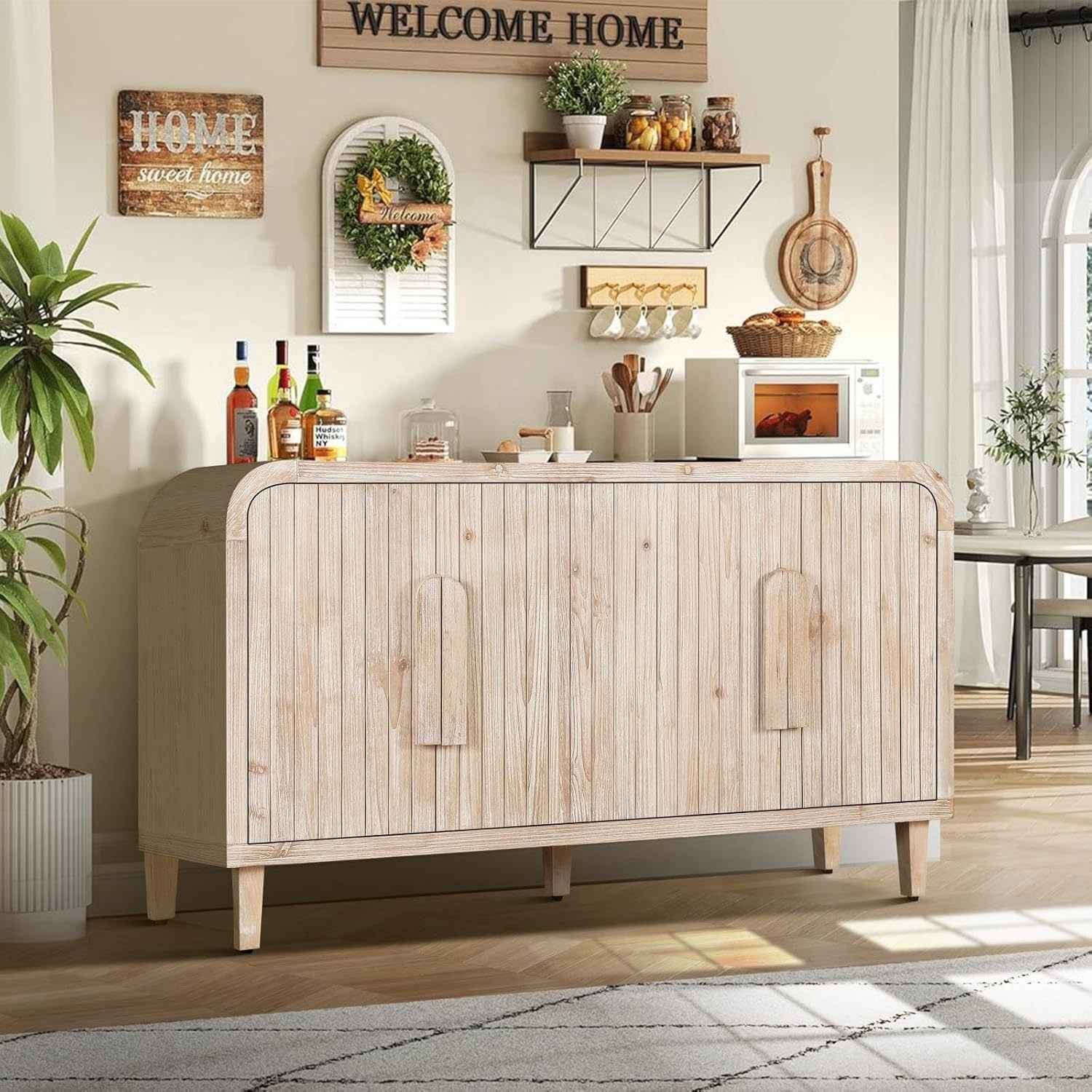 59'' Farmhouse Curved Vintage Storage Sideboard with Large Wooden Handles, Vertical Wood Grain Carving and Adjustable Shelves for Kitchen,Dining Room (Natural Wood Washed)