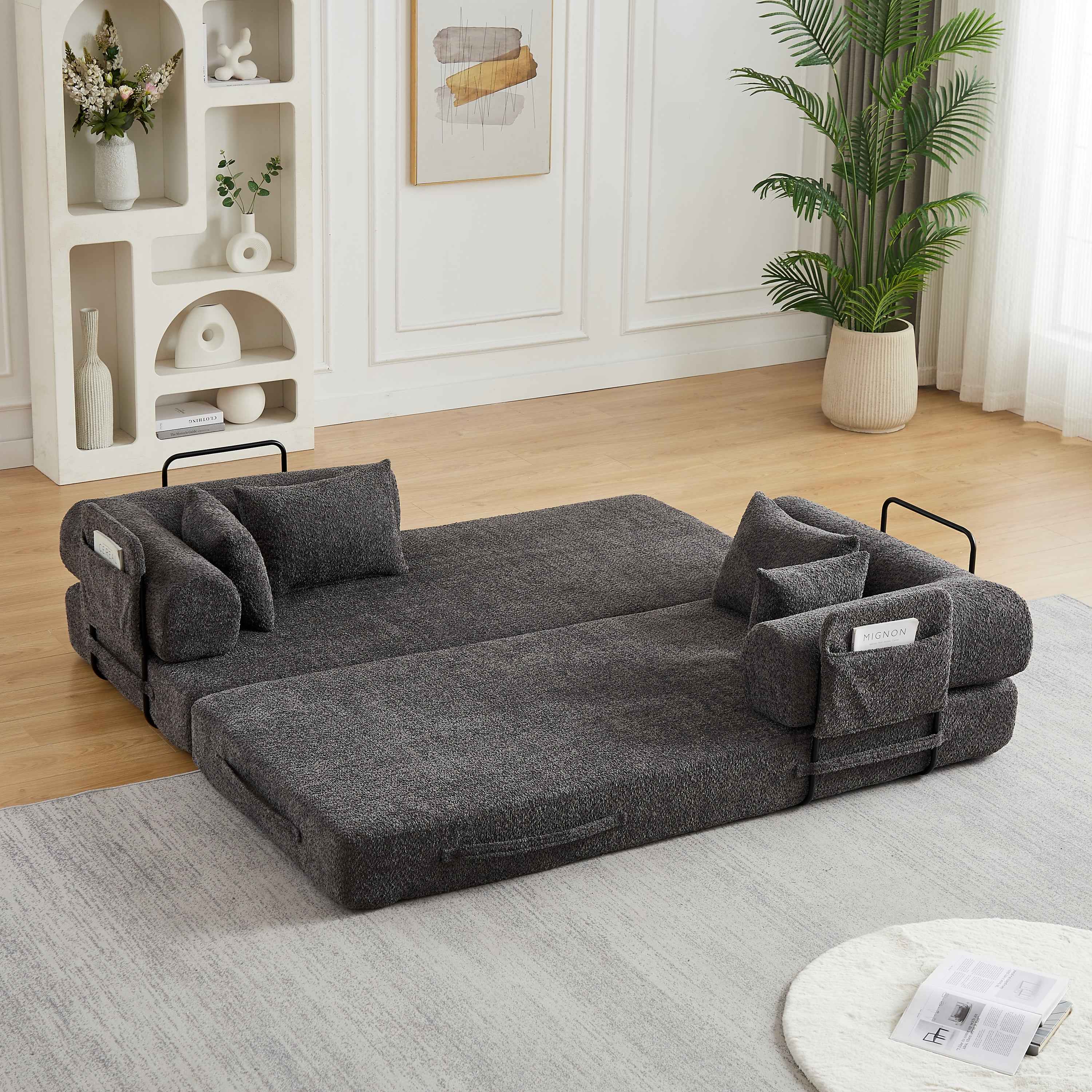 78.7-Inch Convertible Sleeper Sofa Bed with Cylindrical Pillow, Chenille Folding Mattress Couch with ,Folding Sofa Bed with Side Pocket, Floor Sofa Lounge Couch for Living Room Bedroom Lounge Studio