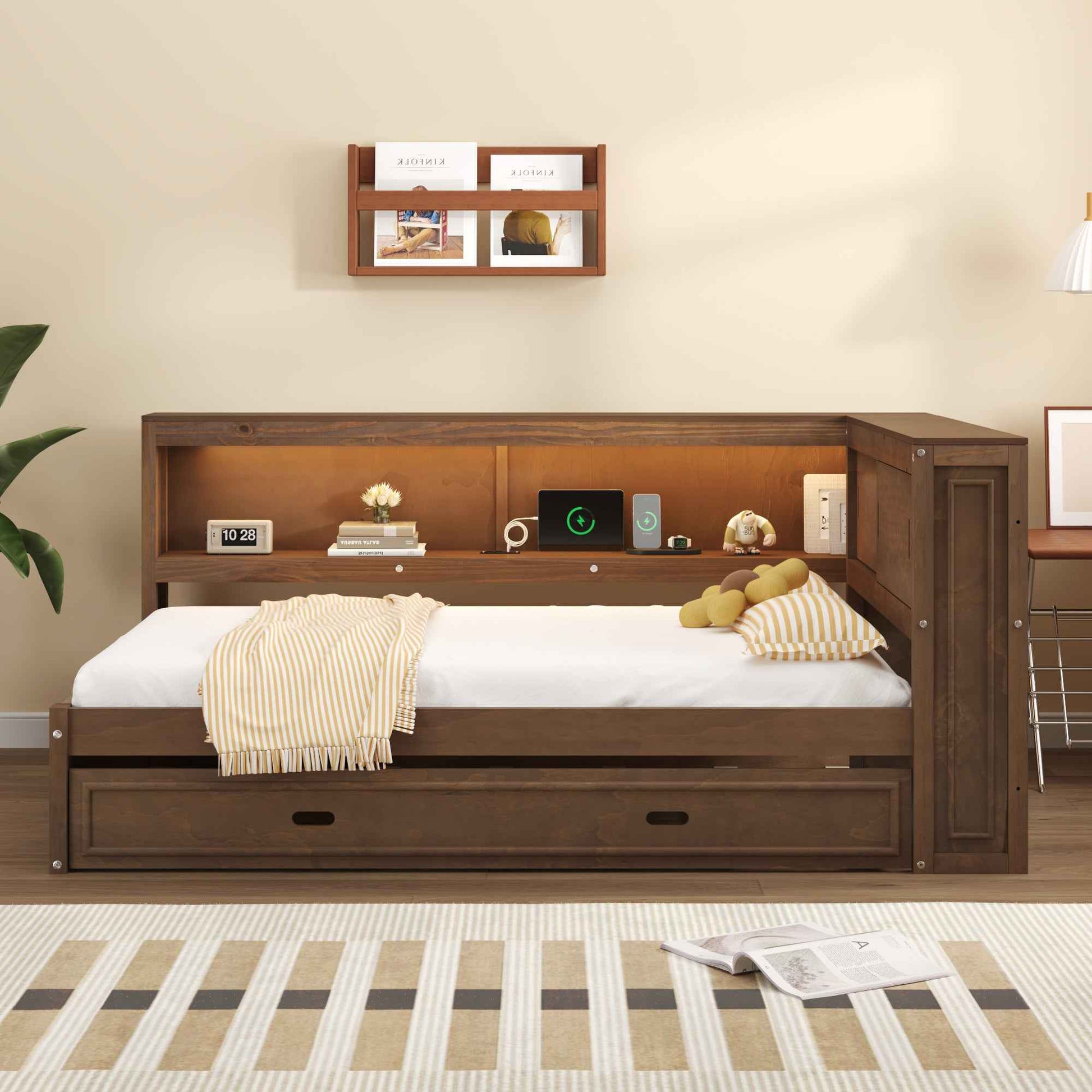 Full Size Wood Daybed with Storage Shelves, USB, LED, and Trundle in Antique Wood Color, Solid Pine Wood+MDF, 86.2''L x 65.7''W x 37.7''H