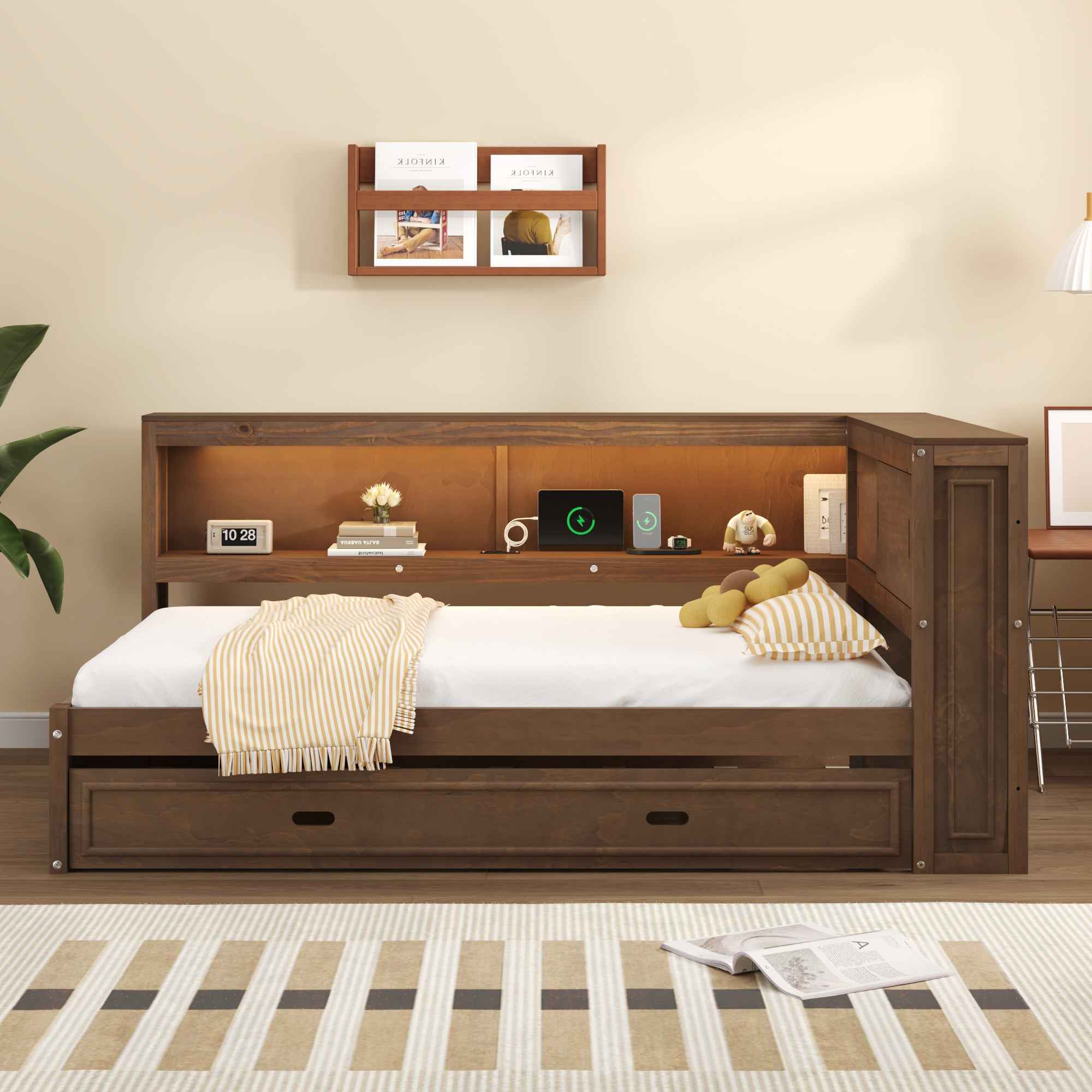 Full Size Wood Daybed with Storage Shelves, USB, LED, and Trundle in Antique Wood Color, Solid Pine Wood+MDF, 86.2''L x 65.7''W x 37.7''H