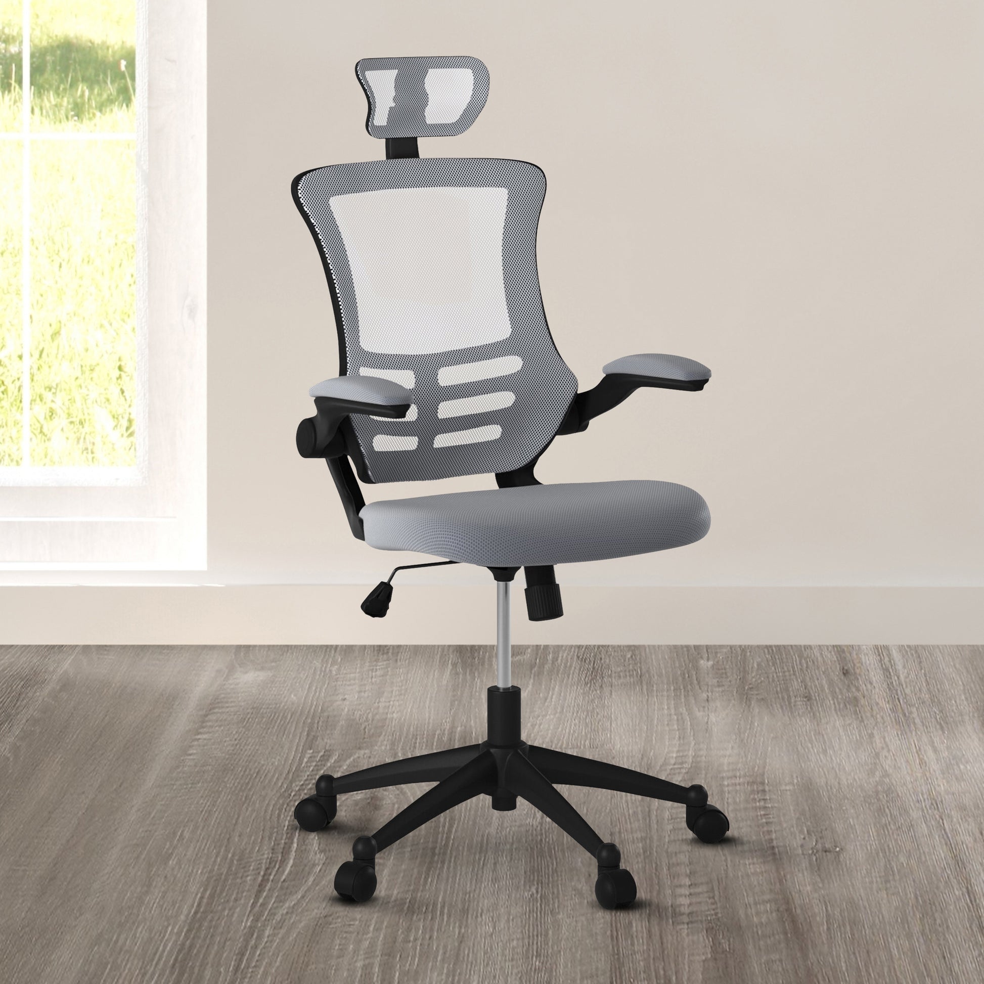 Techni Mobili Modern High-Back Mesh Executive Office Chair with Headrest and Flip-Up Arms, Silver Grey - Abrihome