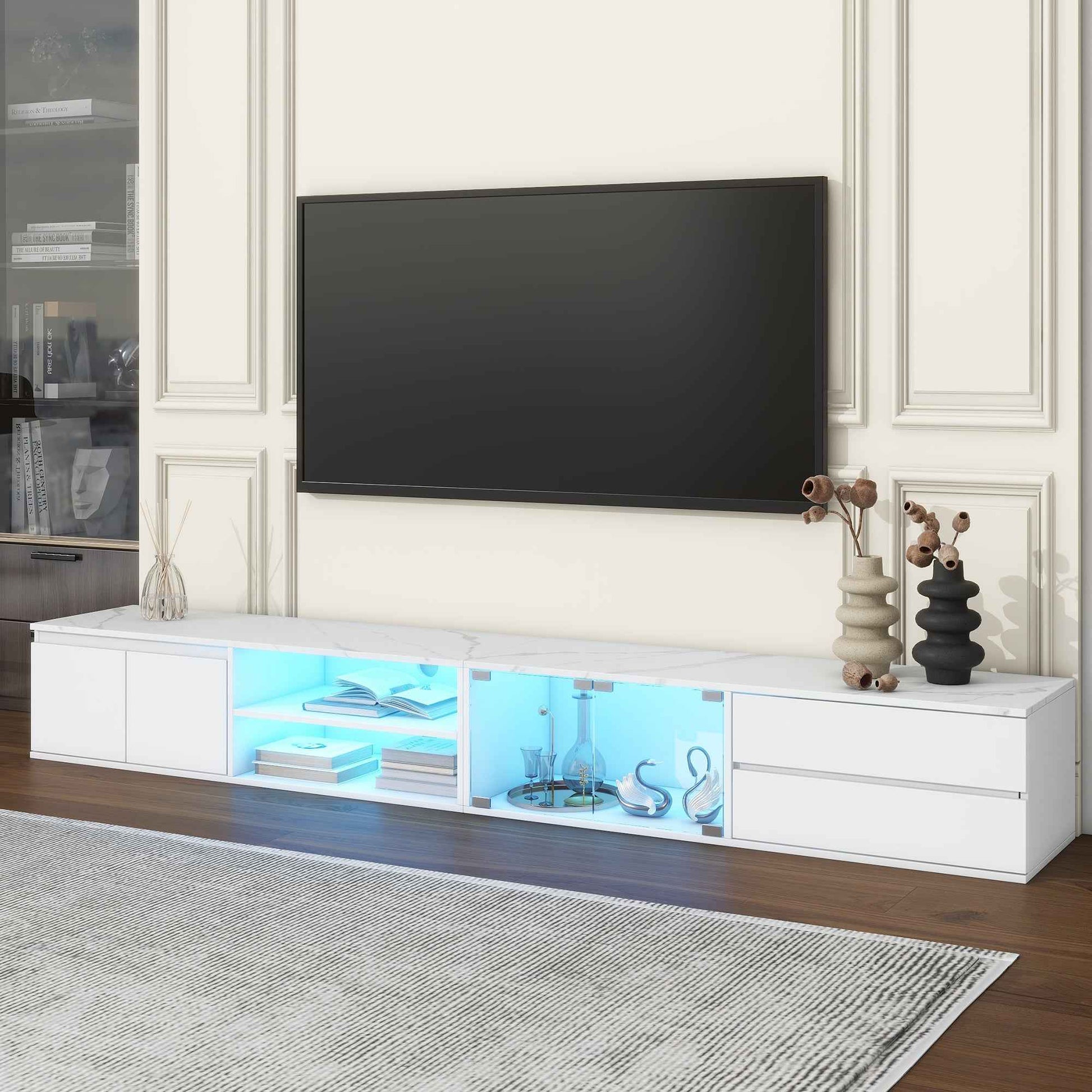 ON-TREND Modern APP Controlled LED TV Stand for TVs Up to 105'', Faux Marble Tabletop Media Console with Tempered Glass Doors, Entertainment Center with 2 Drawers & Cabinets for Living Room, White