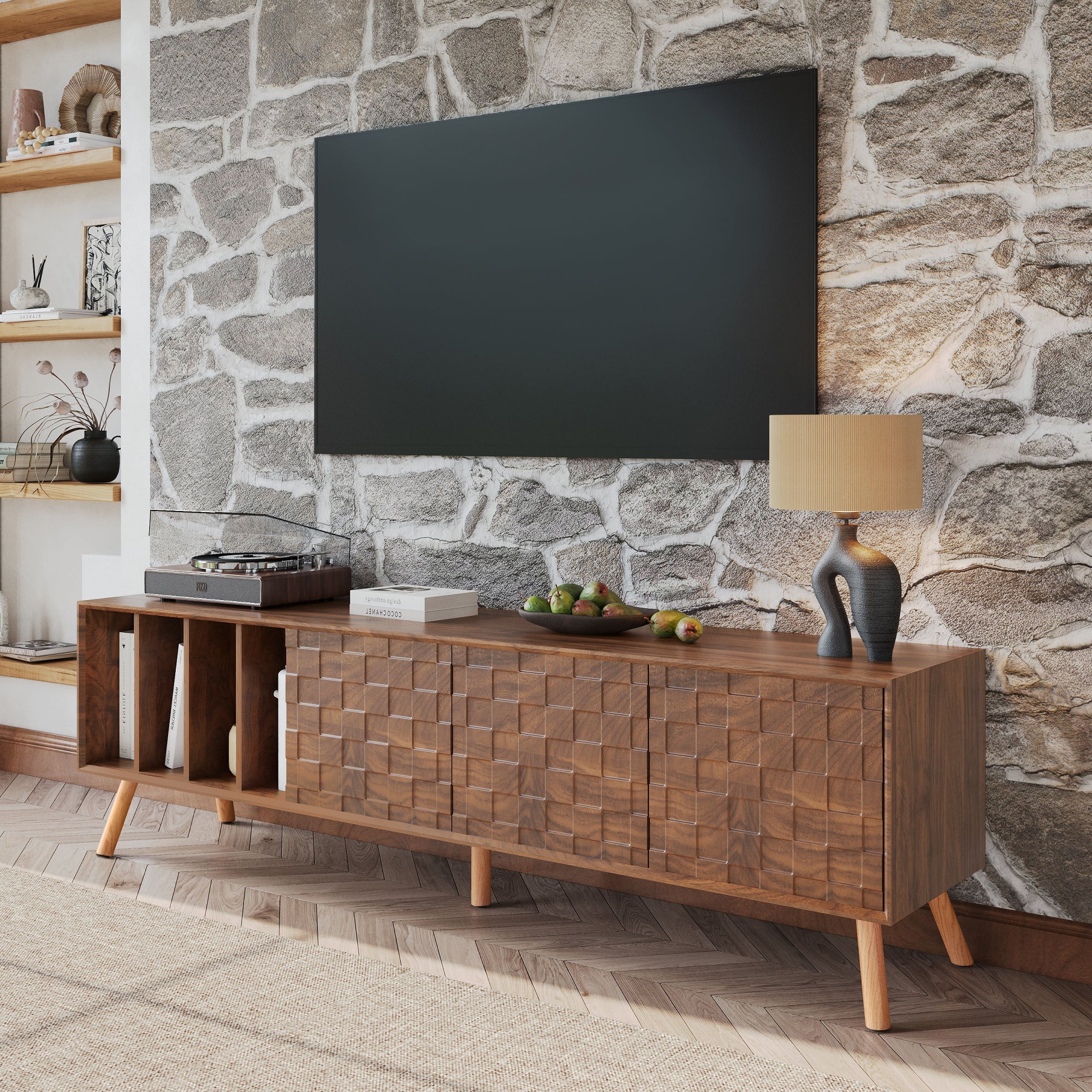 70' Mid-Century Modern TV Stand, Media Console Table for TVs up to 80'', Entertainment Center with 5 Solid Wood Legs for Living Room, Bedroom - Abrihome