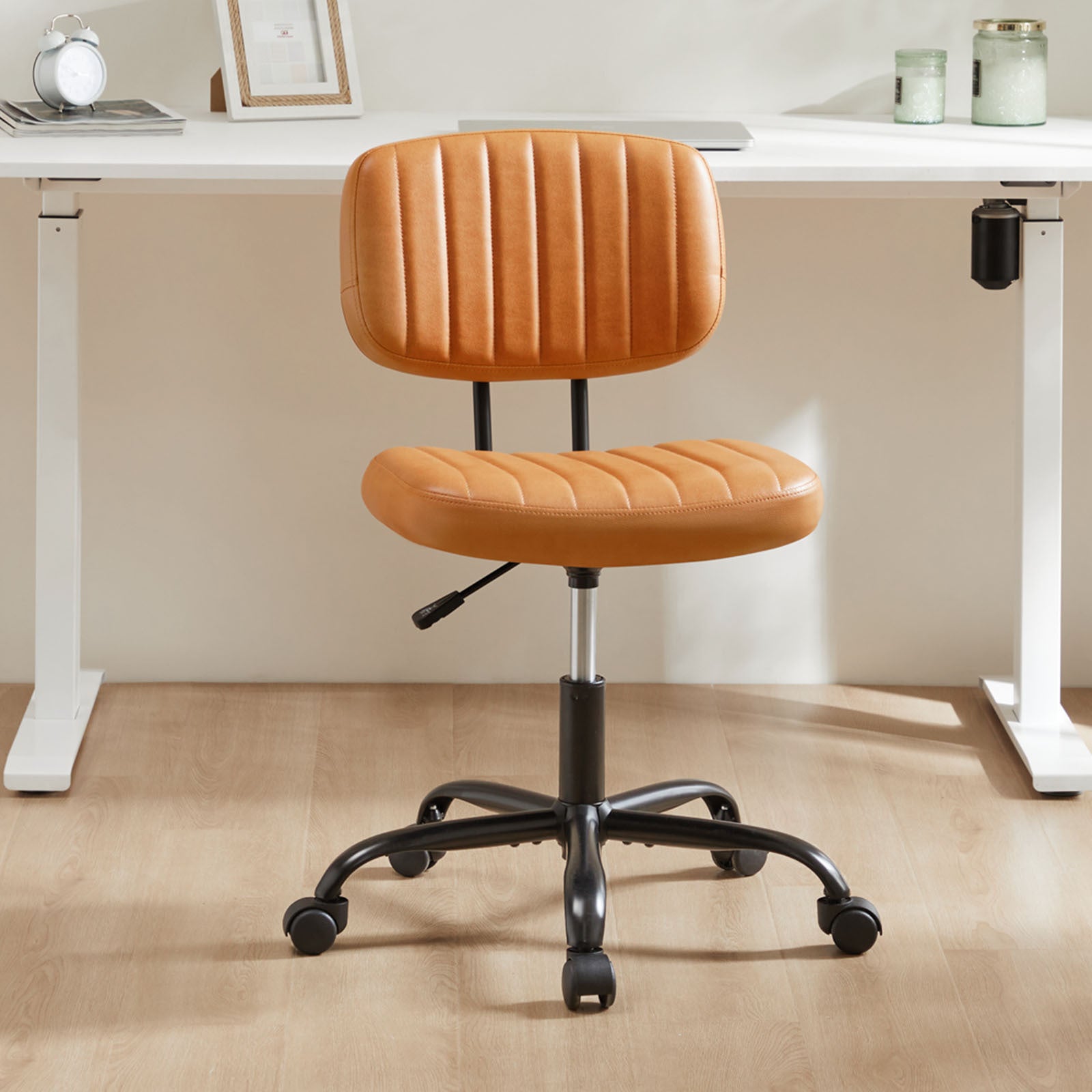 SWEETCRISPY PU Leather Low Back Task Chair Small Home Office Chair with Wheels