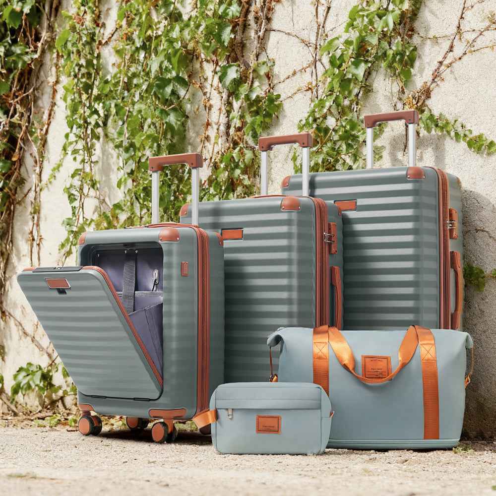 Luggage Sets 5 Piece with Front Opening , Hardside Expandable Carry on Suitcase with Spinner Wheels TSA Lock USB Port  Cup Holder Duffel Bag and Toiletry Bag