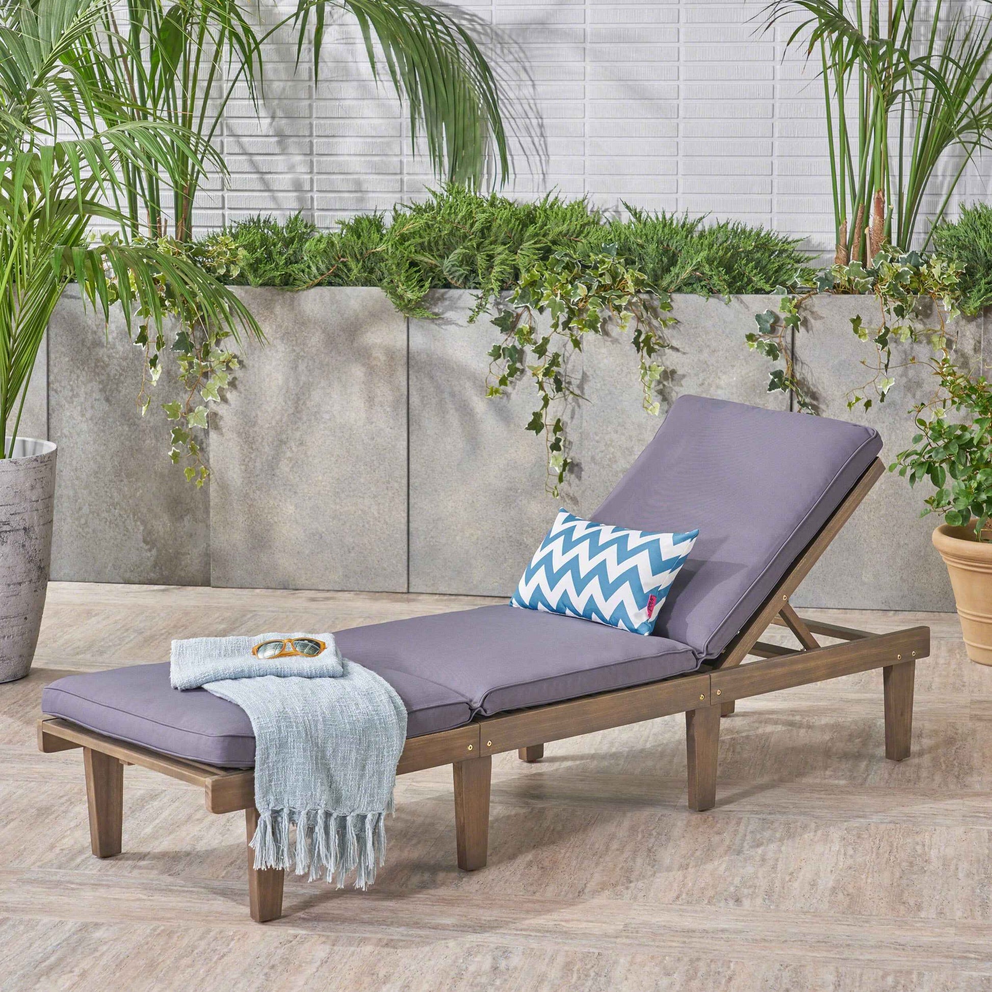 ARIANA KD Wooden Chaise Lounge with Cushion, Stylish Outdoor Relaxation, Grey Acacia Wood, 78.75 Inches