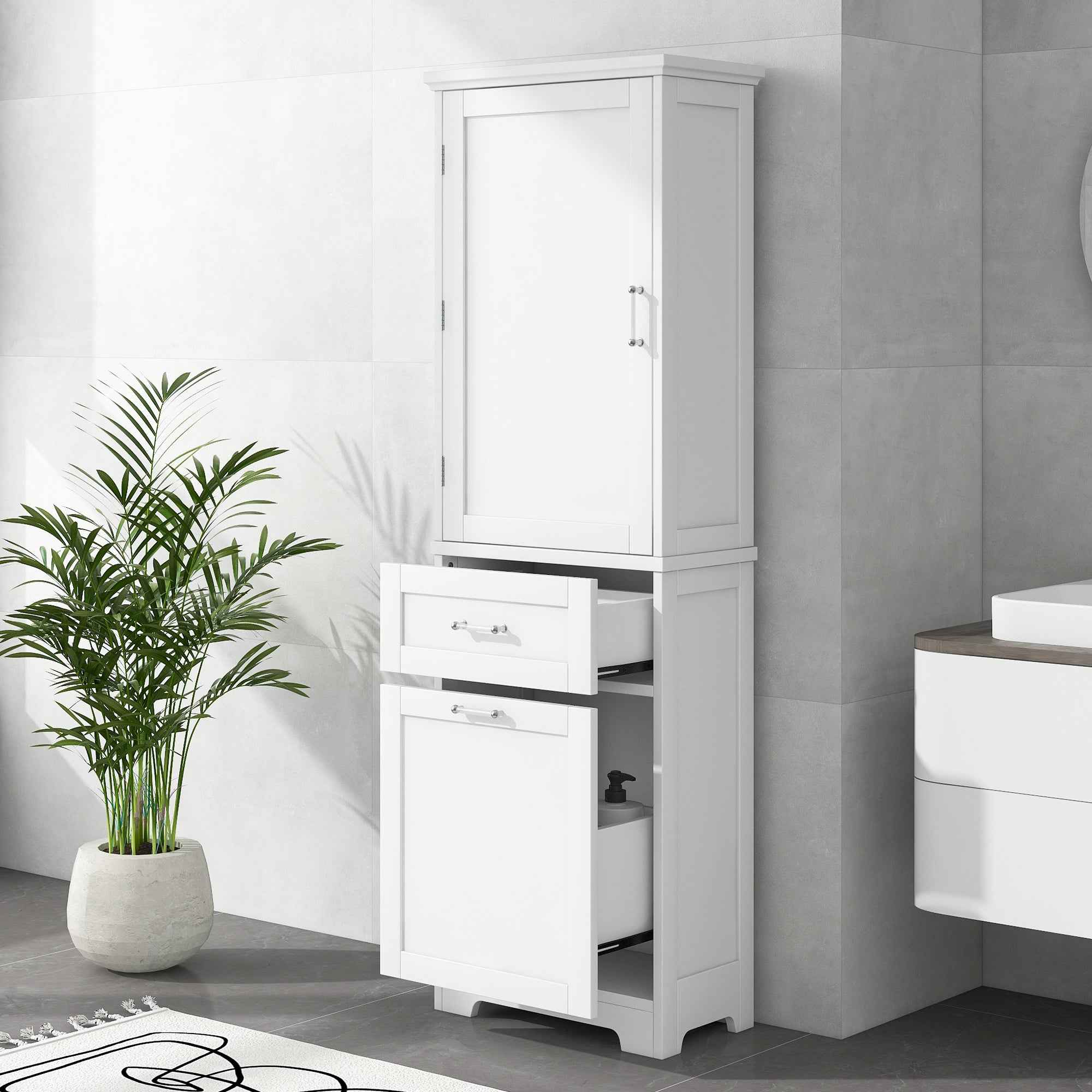 Tall Bathroom Storage Cabinet, Freestanding Storage Cabinet with Two Different Size Drawers and Adjustable Shelf, MDF Board with Painted Finish, White (Old Sku:WF312730AAK)