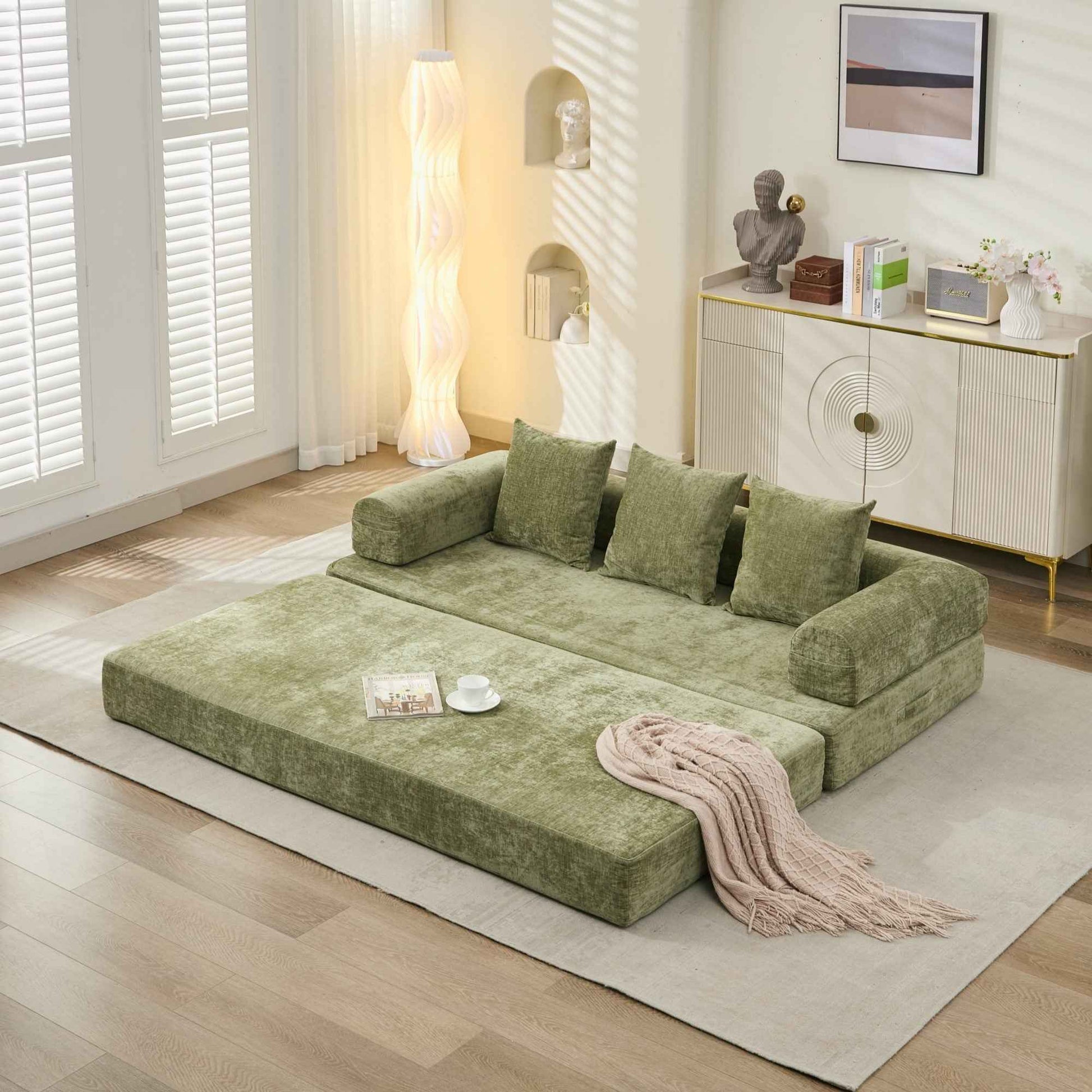 Comfy Convertible Folding Mattress Couch, Floor Sofa Bed, Chenille Floor Sofa with Armrest, Floor Sofa Lounge Couch for Living Room Bedroom Lounge Studio-Green