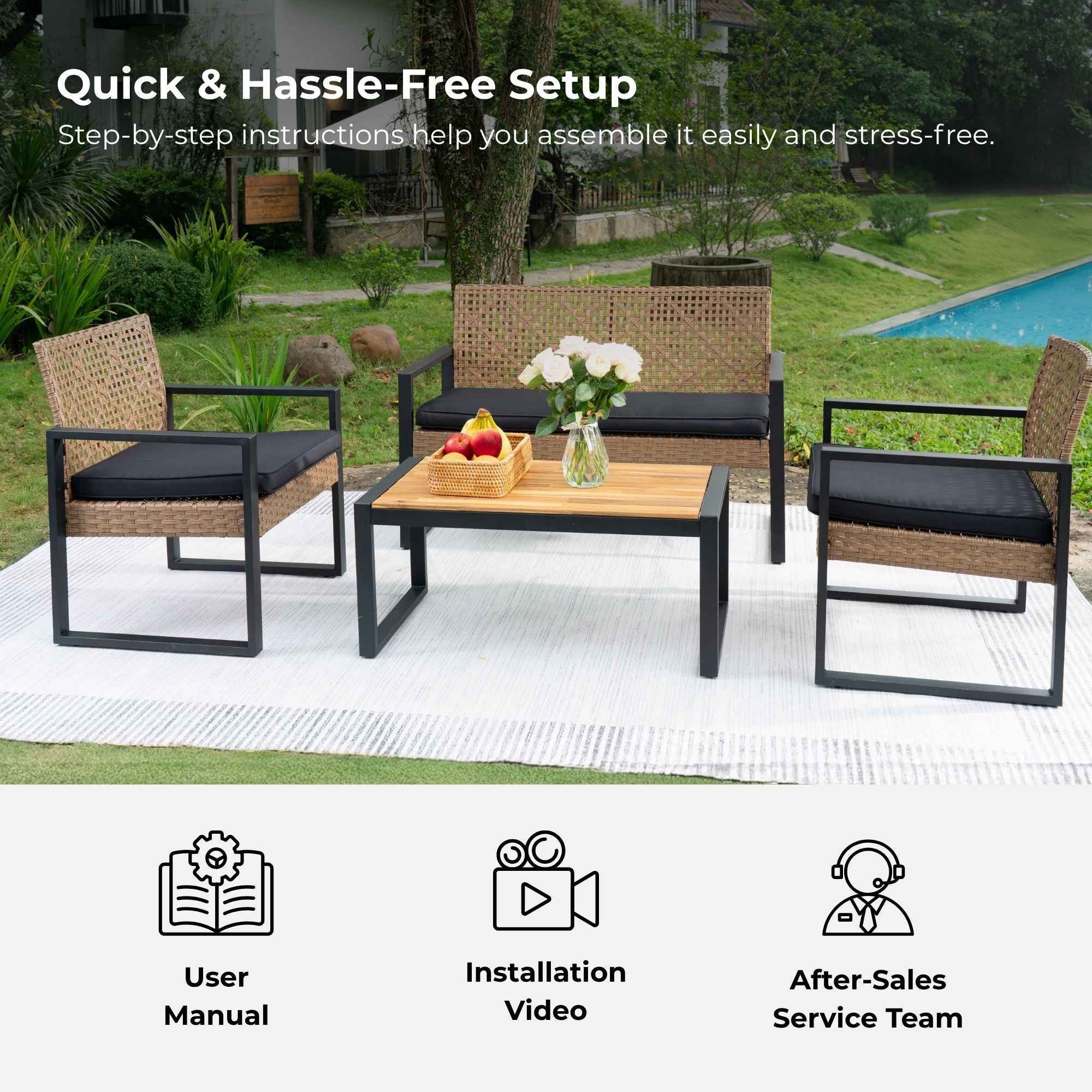 Modern Outdoor 4-Piece Patio Furniture Set with Acacia Wood Table Top, Black and Light Brown