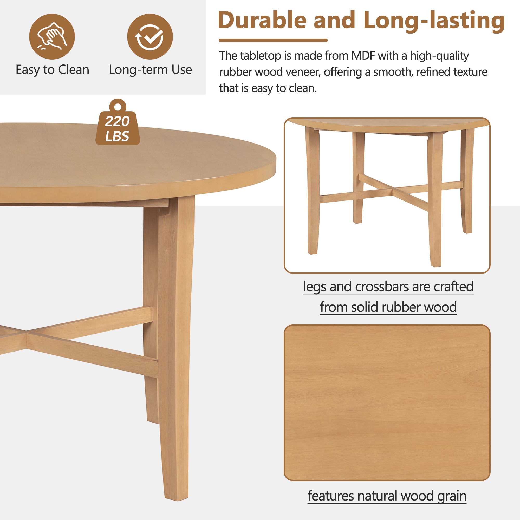 TREXM 5-piece Dining Set, Retro Simple Round Table and 4 Chairs with X-shaped Backrest for Kitchen, Dining Room and Living Room (Natural)