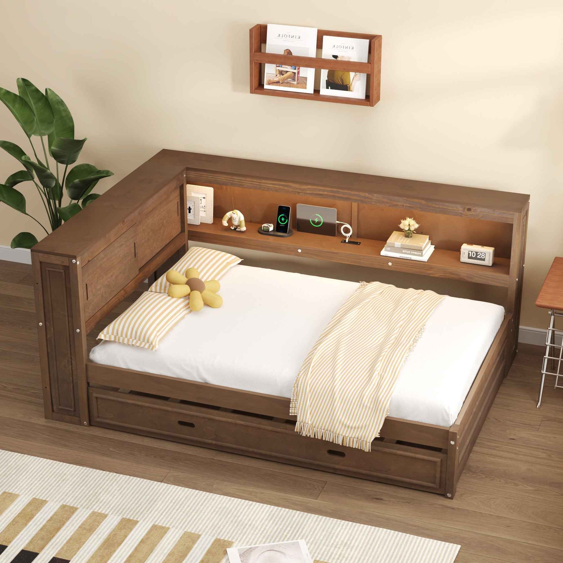 Full Size Wood Daybed with Storage Shelves, USB, LED, and Trundle in Antique Wood Color, Solid Pine Wood+MDF, 86.2''L x 65.7''W x 37.7''H
