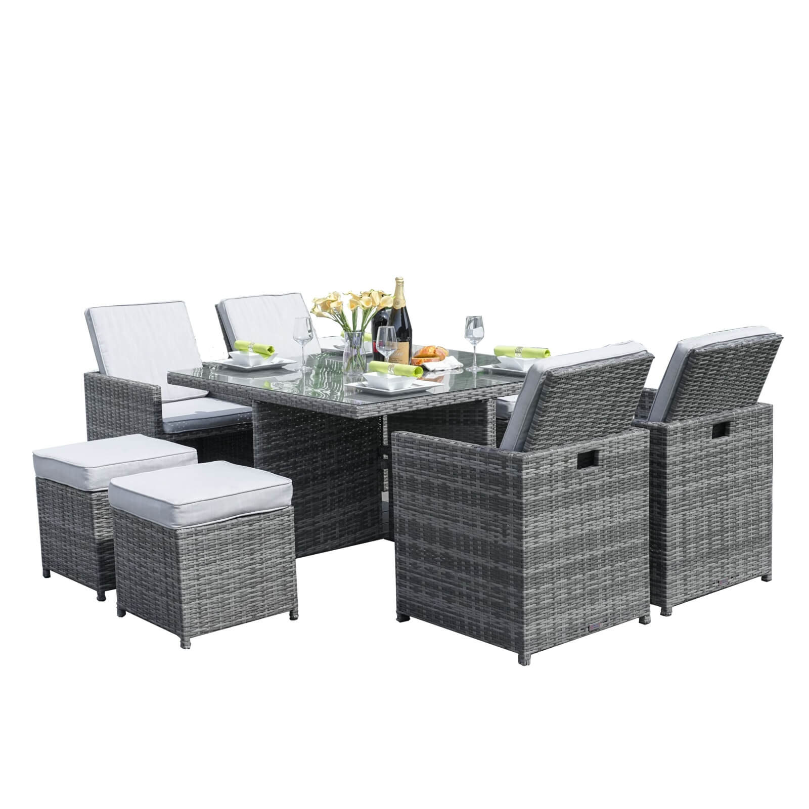 8-Seat Outdoor Dining Set with Cube Table and Ottomans (PAD-3233B) - Abrihome