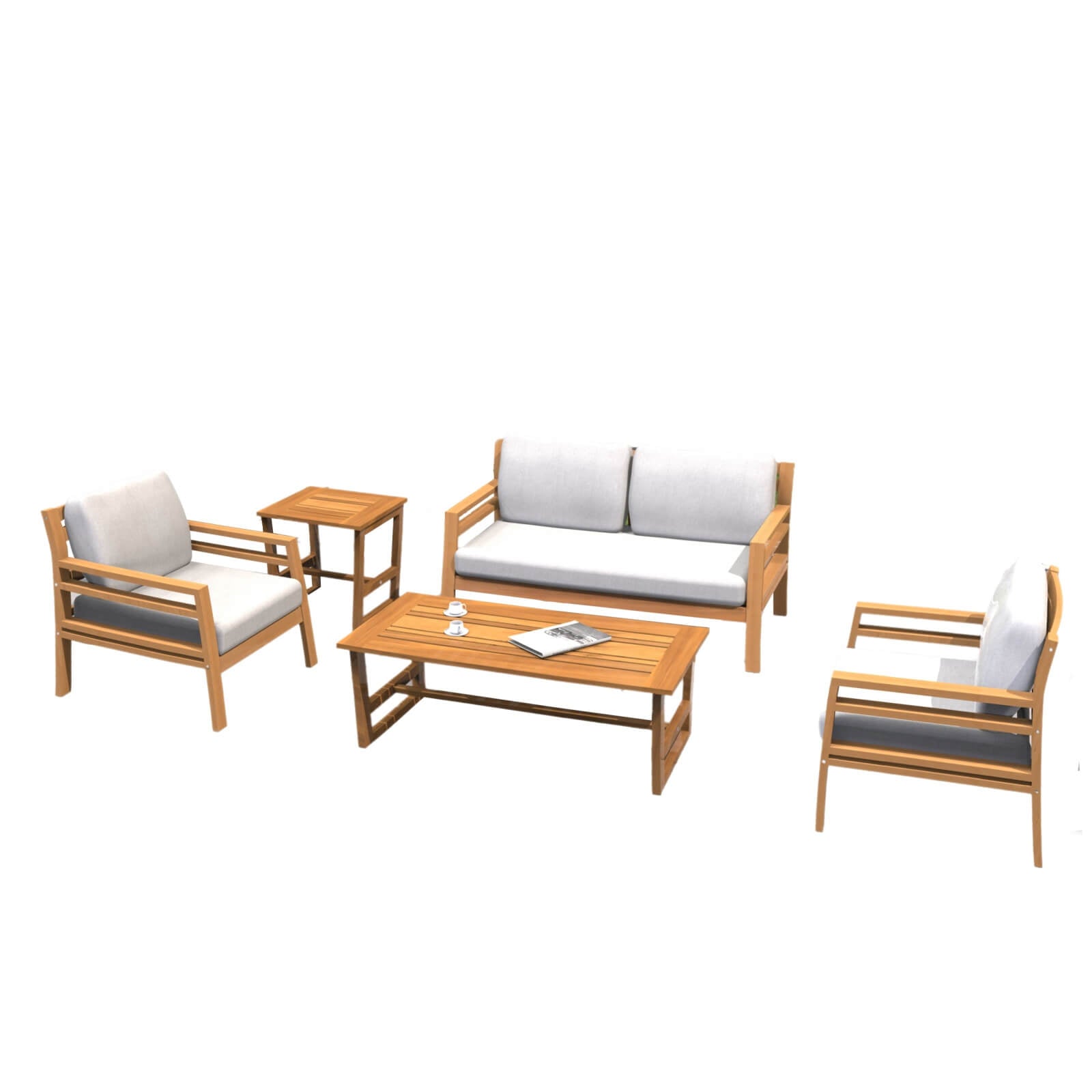 Teak-Look 5-Piece Patio Set with Plush Cushions(PAS-2520-19F-2SS+SS*2+TA+ST) - Abrihome