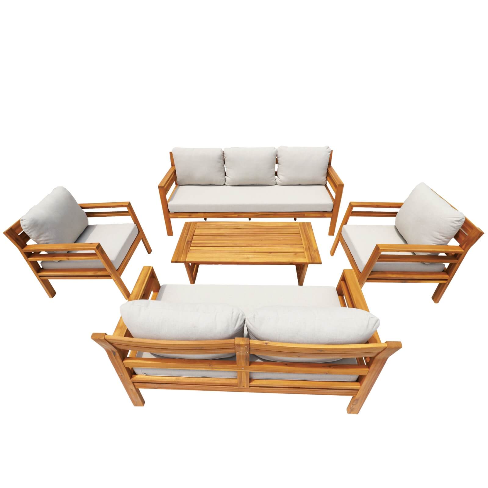 Teak-Finish Acacia Outdoor Set – 5-Piece Sofa & Table Combo with Cushions(PAS-2520-19F-3SS+2SS+SS*2+TA) - Abrihome
