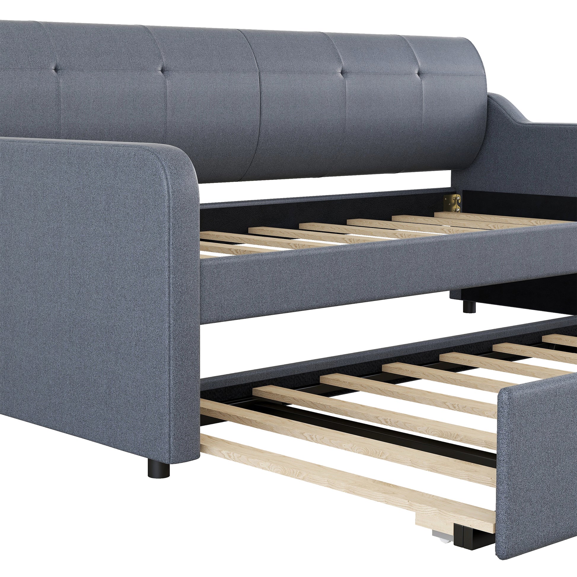 Twin Size Upholstery DayBed with Trundle and USB Charging Design,Trundle can be flat or erected,Gray - Abrihome