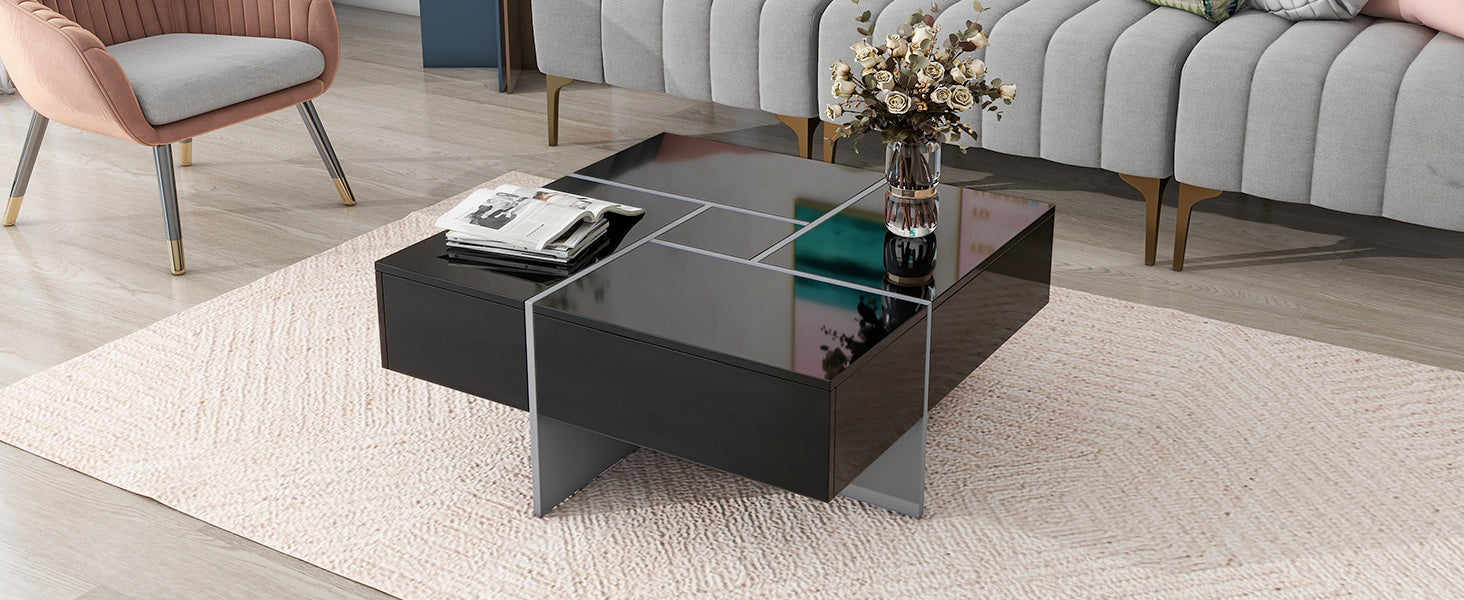 ON-TREND Unique Design Coffee Table with 4 Hidden Storage Compartments, Square Cocktail Table with Extendable Sliding Tabletop, UV High-gloss Design Center Table for Living Room, 31.5"x 31.5"